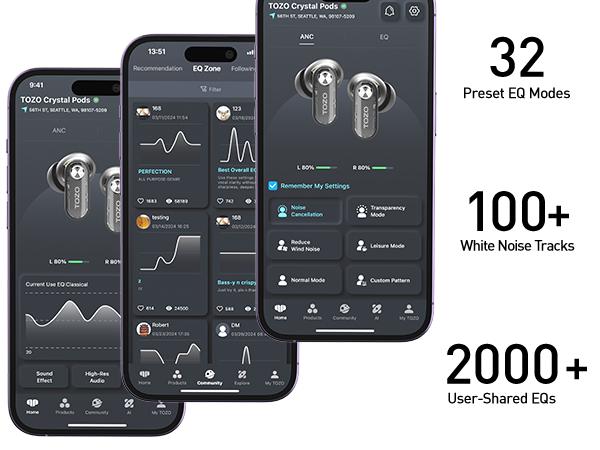 TOZO-Crystal Pods Hybrid Active Noise Cancelling Wireless Earbuds, Dual Mics ENC AI Clear Calls, Bluetooth 5.4 in Ear Headphones, 35H Long Playtime, IPX5 Waterproof Headset Black Charging Audio Electronic Connection Custom Stereo Chargeable