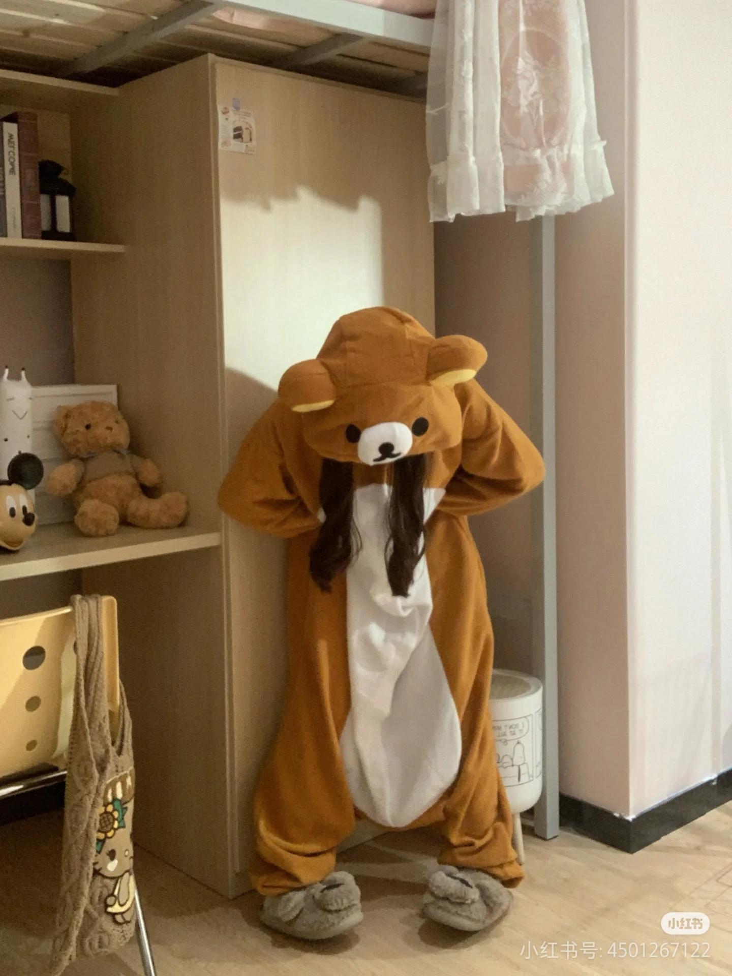 Adult Rilakkuma Kigurumi Bear Sister Onesie - Baggy Longsleeves Loose Polyester Anime Pajama, Oversized Cartoon Jumpsuit Nightwear & Loungewear