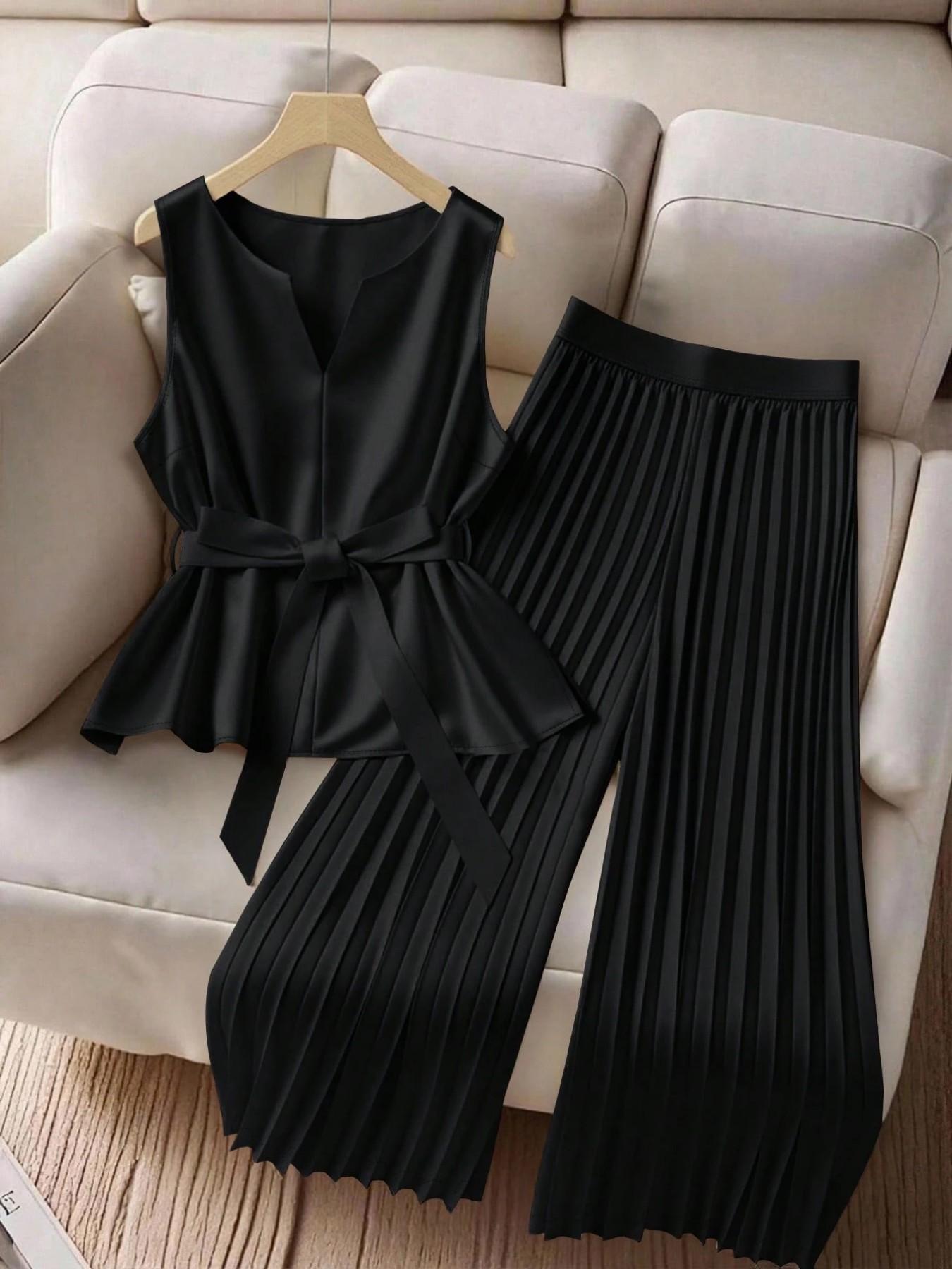 Women's Plus Size Trendy Chic 2 Piece Outfit, Clothes, Sleeveless Top & Pleated Wide Leg Pants Set, Tie Waist V-Neck Plisse Flowy Elegant Office Workwear
