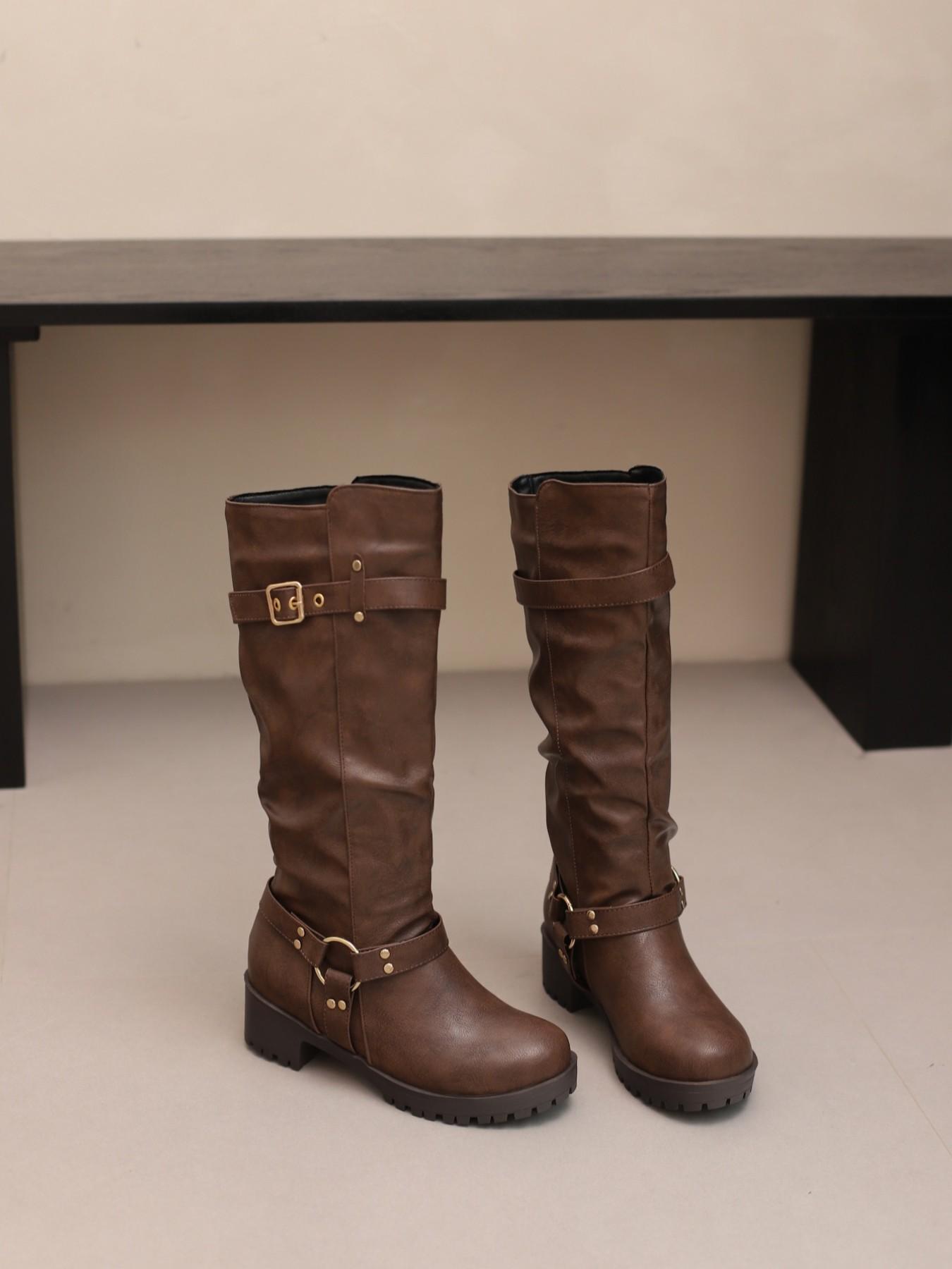 Autumn Winter New Round Toe Thick Heel Zipper Pleated Buckle Mid-Calf Thick Heeled Pu Leather Boots, Versatile British Style Outdoor Motorcycle Boots, Trendy Boots, Fashionable Boots