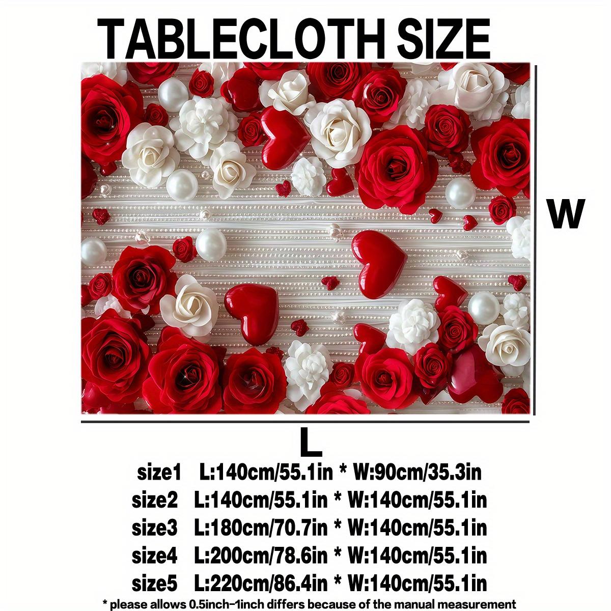 【 1PC 】 Romantic Printed Polyester Tablecloth with Rose, Pearl, and Heart Patterns, Suitable for Home, Kitchen, Restaurant, Party, Holiday - Indoor/outdoor Use