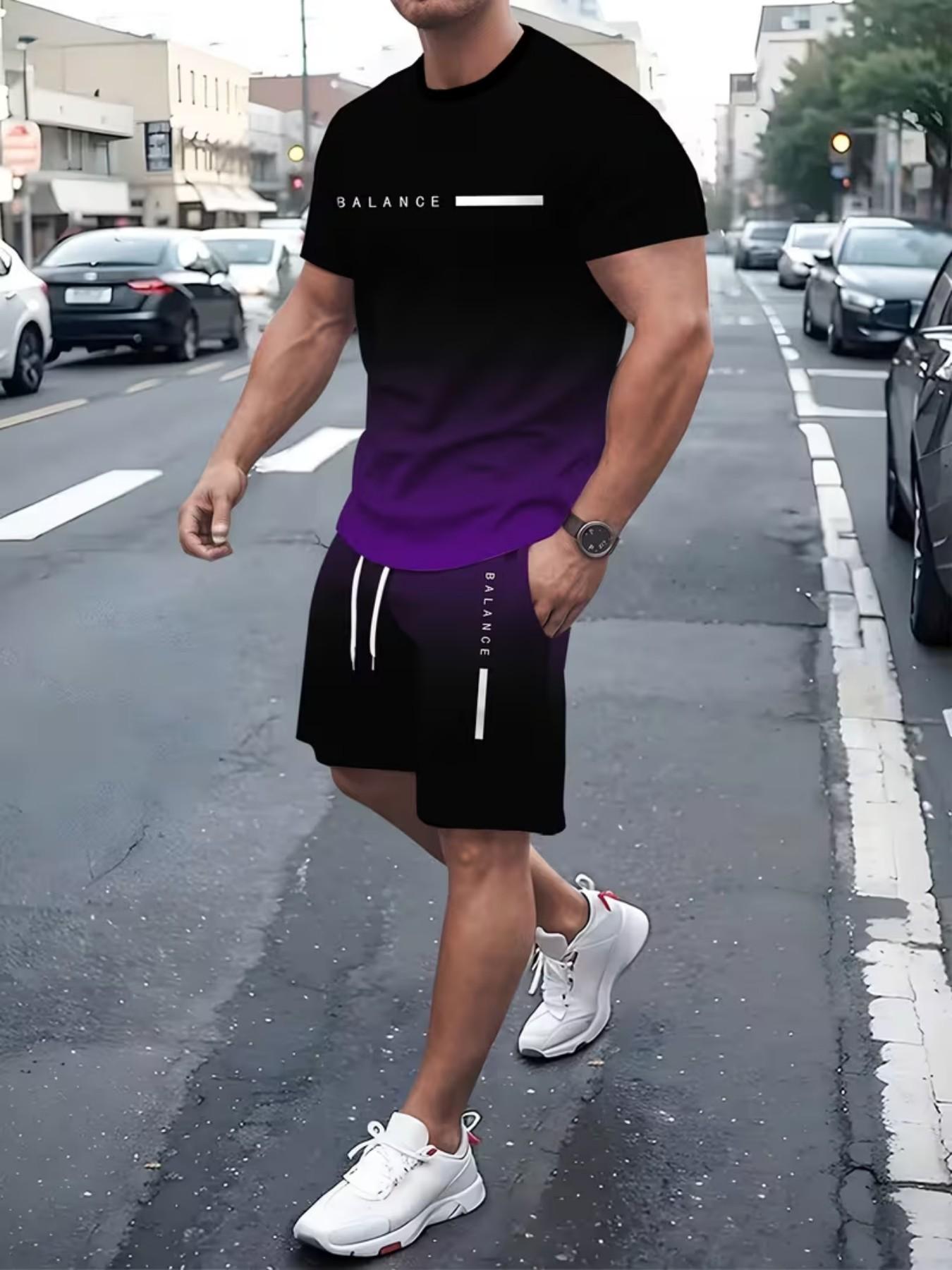 Men's Gradient Fitness Short Sleeve Set, Summer Trendy Sportswear Casual Two-Piece, Fitted Tee and Shorts, Regular Length