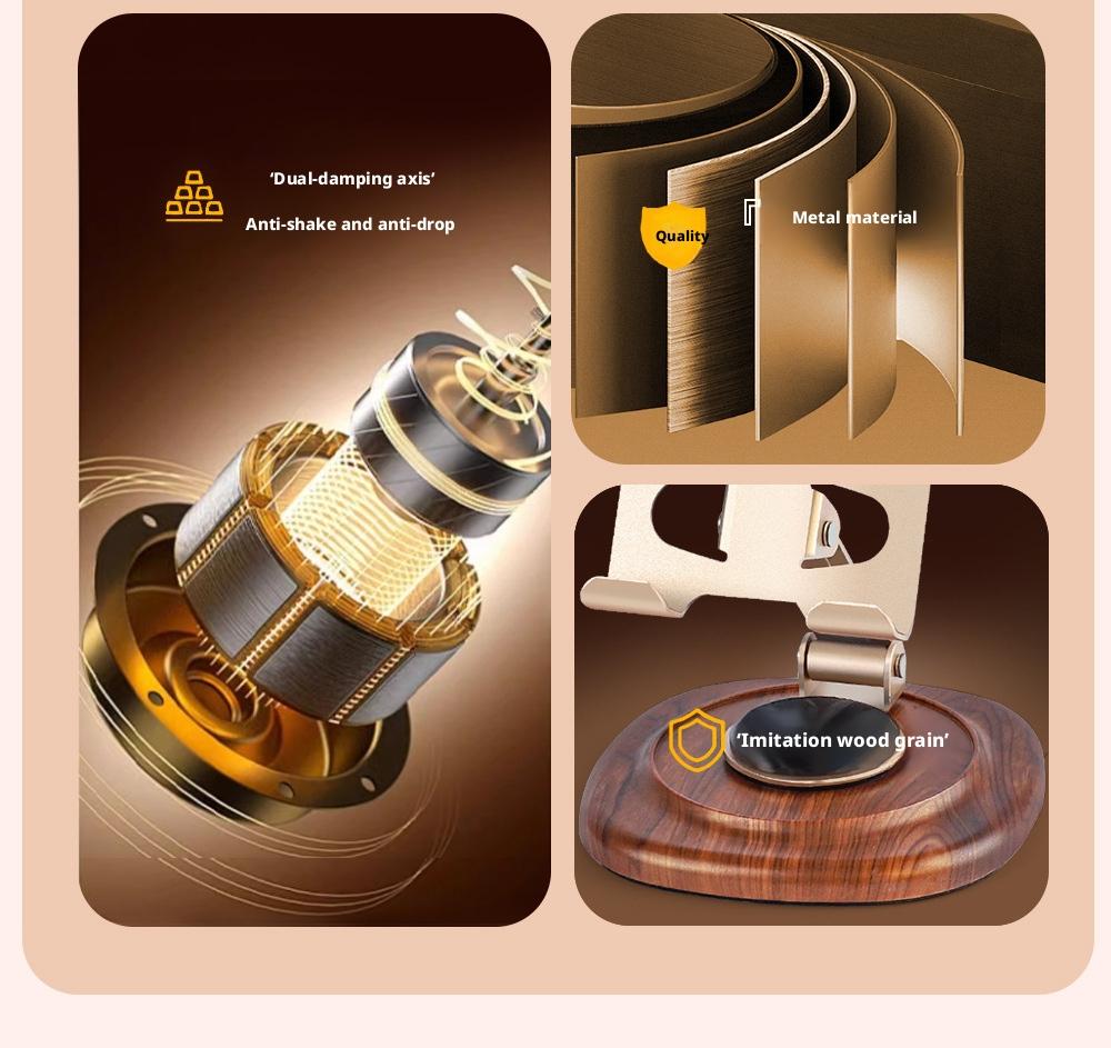Metal Wood-Grain Stand｜360° Dual-Damper & Foldable