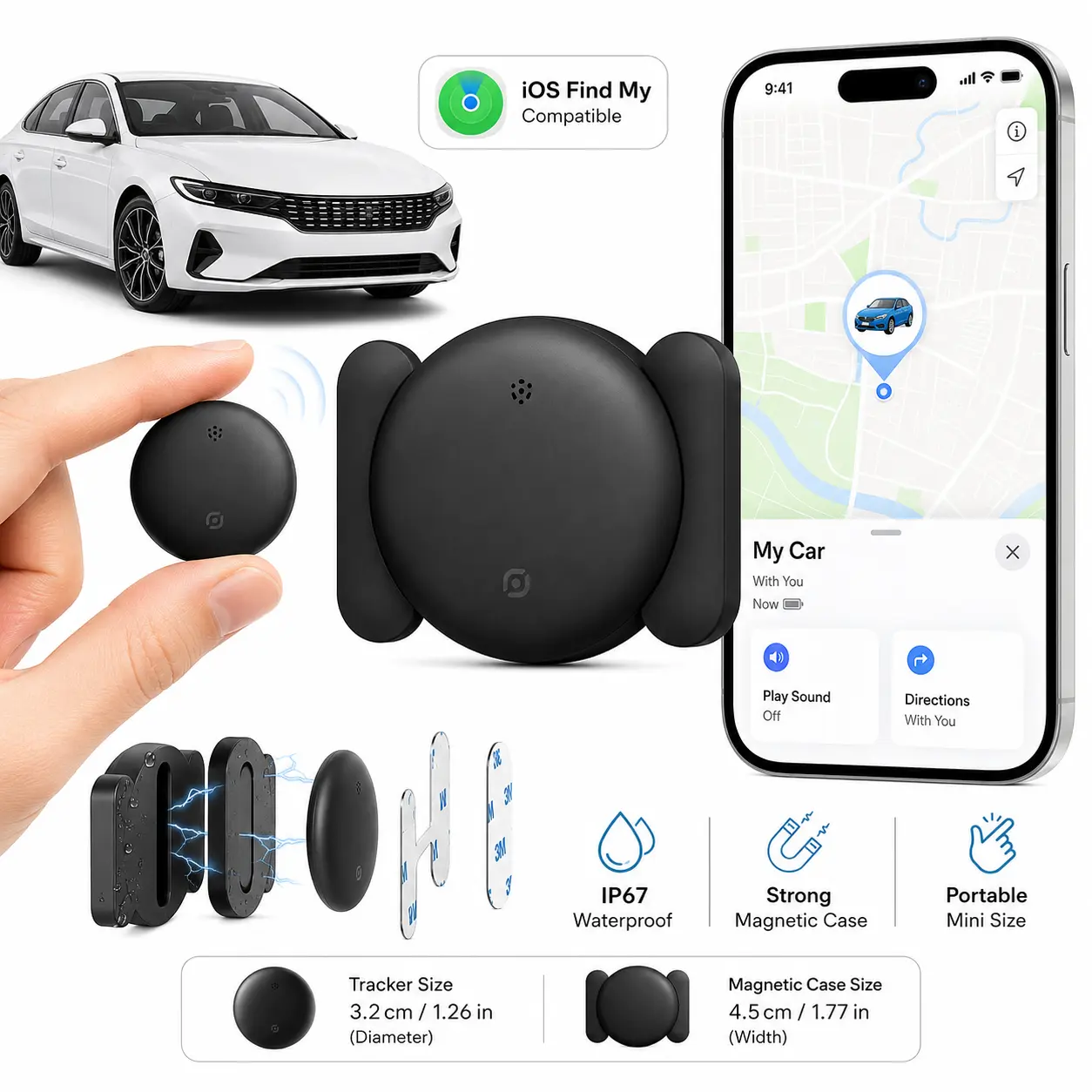 Mini GPS Tracker with Waterproof Magnetic Case, Bluetooth iOS 17+-Compatible Anti-Lost Device for Dogs/Cats, Keys, Luggage & Valuables