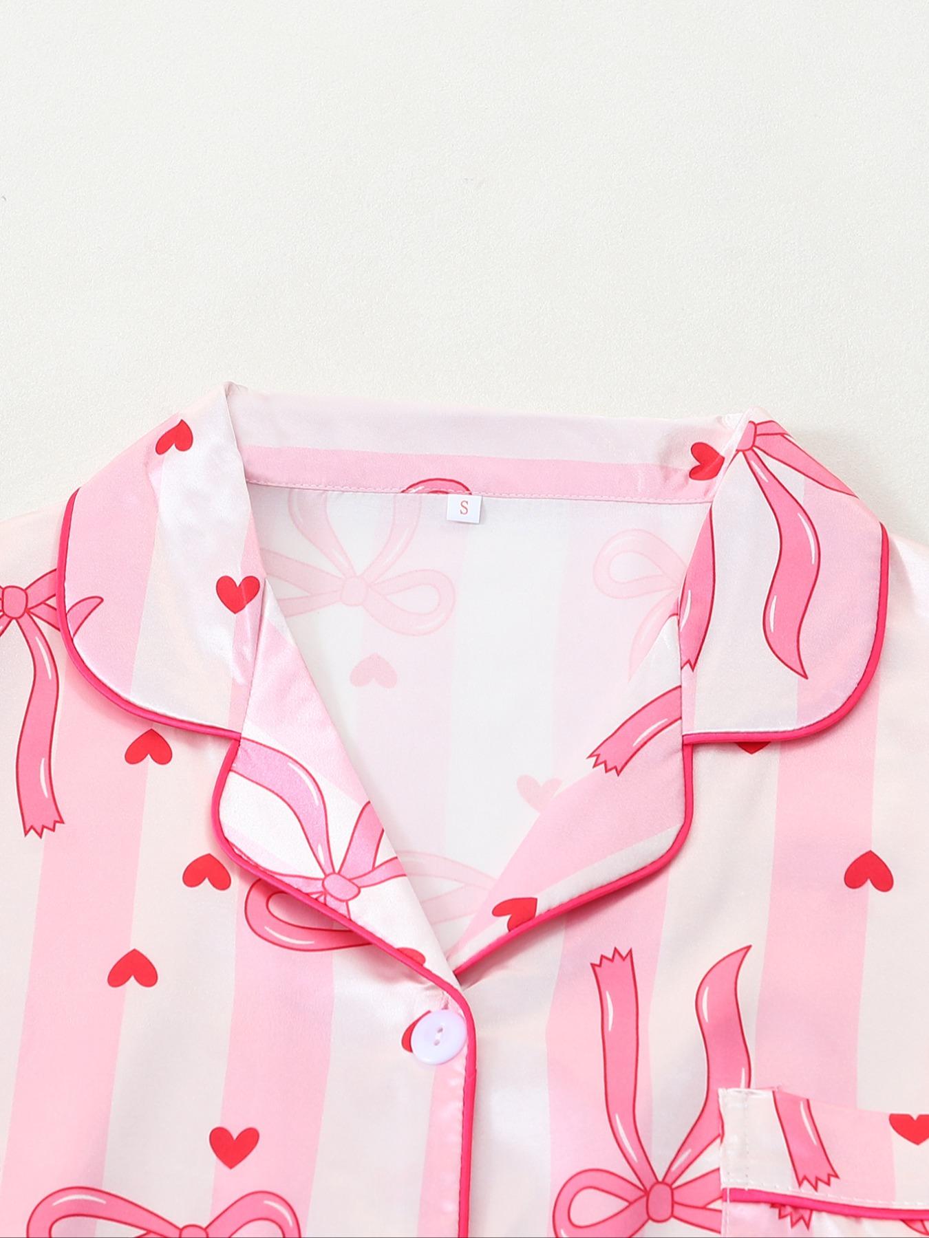 Striped Bow Print Satin Long Sleeve Pajama Set, Comfortable Sleepwear for Women, Stylish Nightwear, Perfect for Relaxing at Home