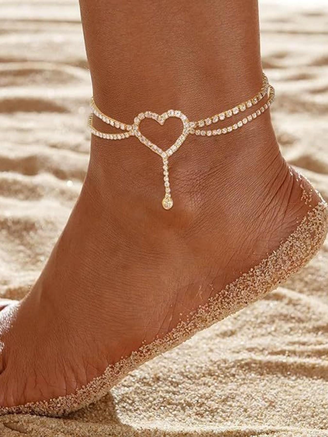 Viral Heart Anklet for Women, Sparkly Rhinestone Ankle Bracelet, Dainty Heart Charm Foot Jewelry, Gold/Silver Tennis Anklet, Trendy Layered Anklet, Perfect for Beach, Party & Date Night, 2026 Summer Must-Have