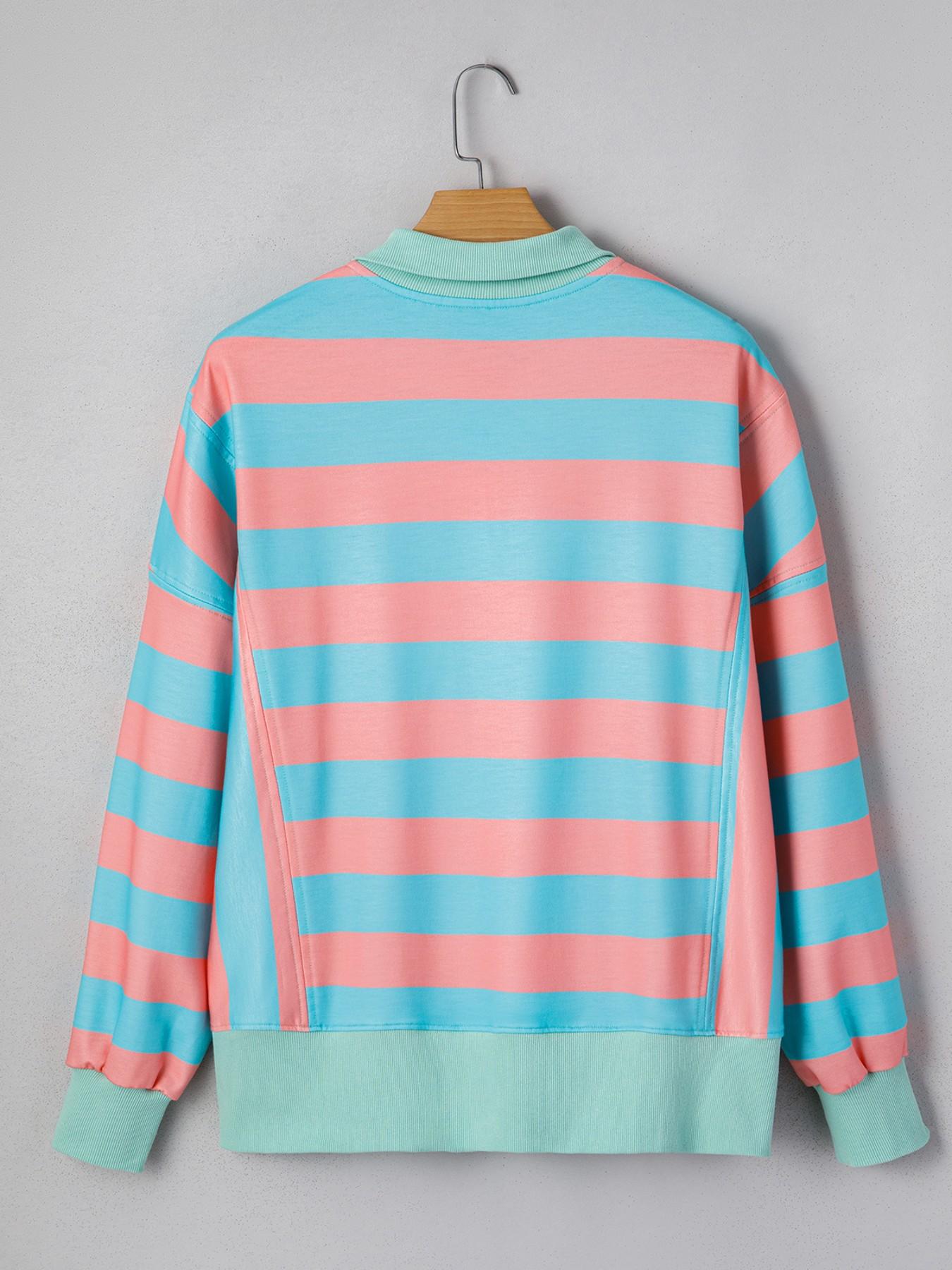 Striped Colorblock Drop Shoulder Button Collared Neck Side Slit ...