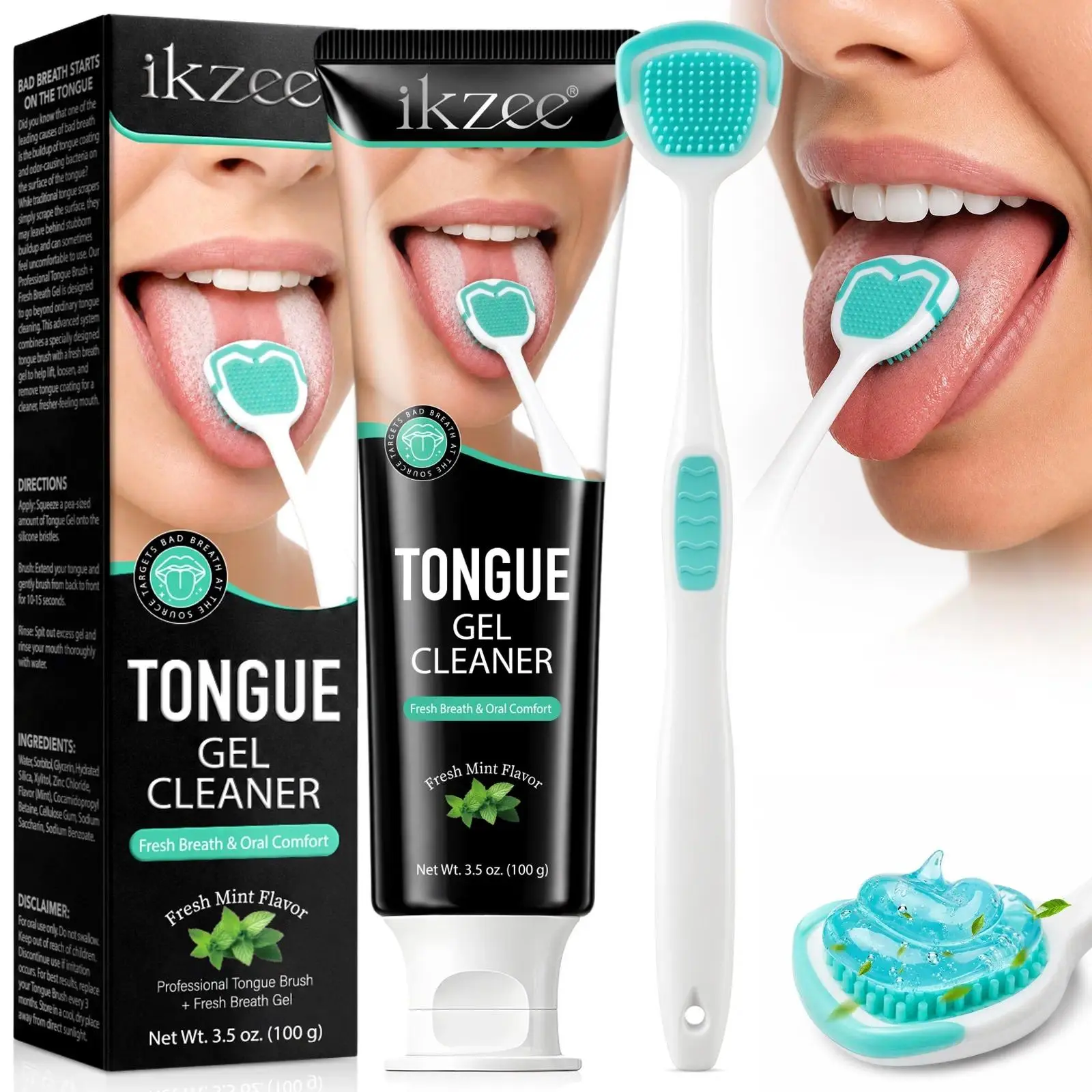 Ikzee Tongue Gel Set - 100g Peppermint Tongue Care Gel, Plaque Cleanse, Bad Breath Improvement, Long-Lasting Fresh Breath (Oral Care)