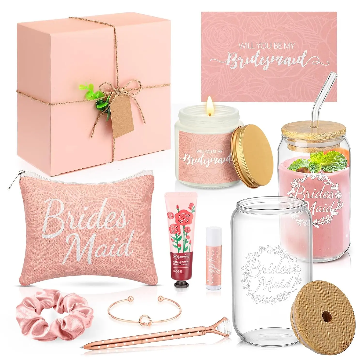 14 count Bridesmaid Proposal Gifts Set, Will You Be My Bridesmaid Gifts with Proposal Box Glass Cup Makeup Bag Cards Lip Balm Hand Cream Candle Scrunchie Bracelet  Pen for Wedding()