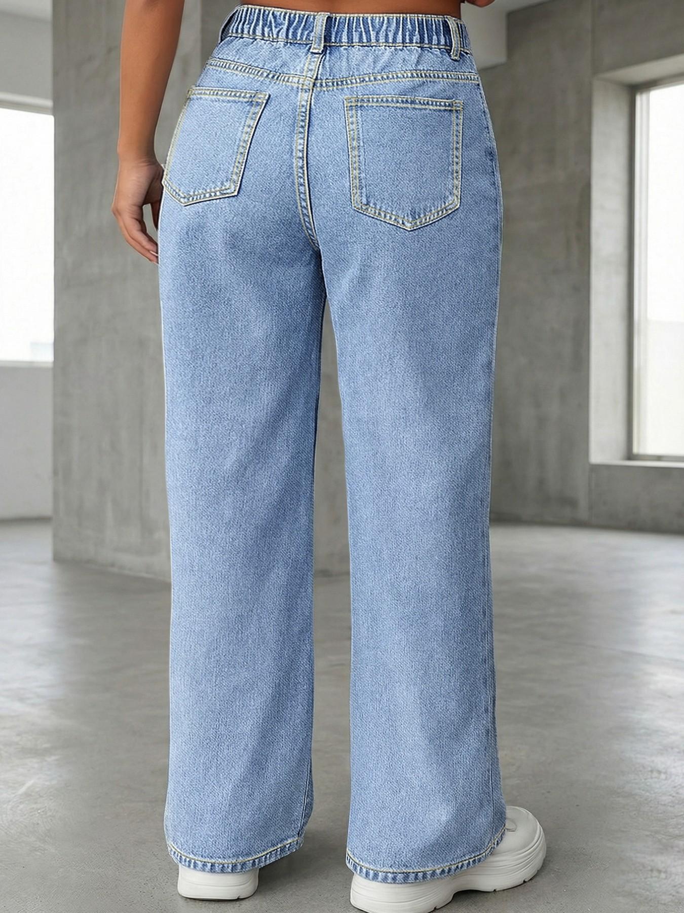 Plus Size Light Wash High Waist Wide Leg Denim Jeans, Elastic Back Waistband, Curvy Relaxed Fit, 90s Vintage Casual Style for Curvy Women