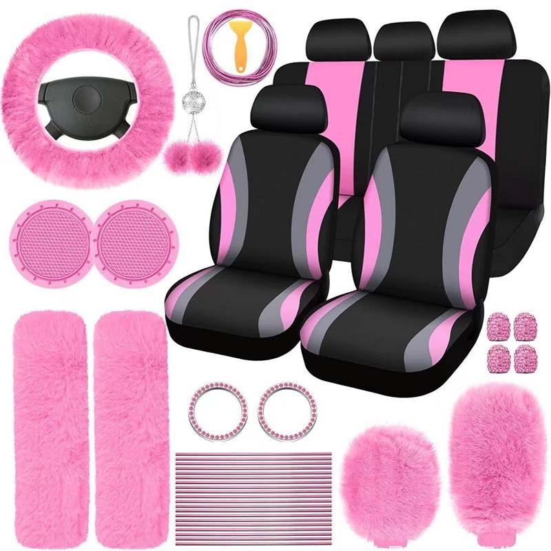 45pcs Car Seat Covers & Interior Accessories Set: Thin Polyester Five-Seat Car Seat Covers, Plush Steering Wheel Cover, Shoulder Pads, Gear Shift Knob Cover, Rearview Mirror Ornaments, Cup Pads, Tire Valve Caps, Stitching Trim Strips.