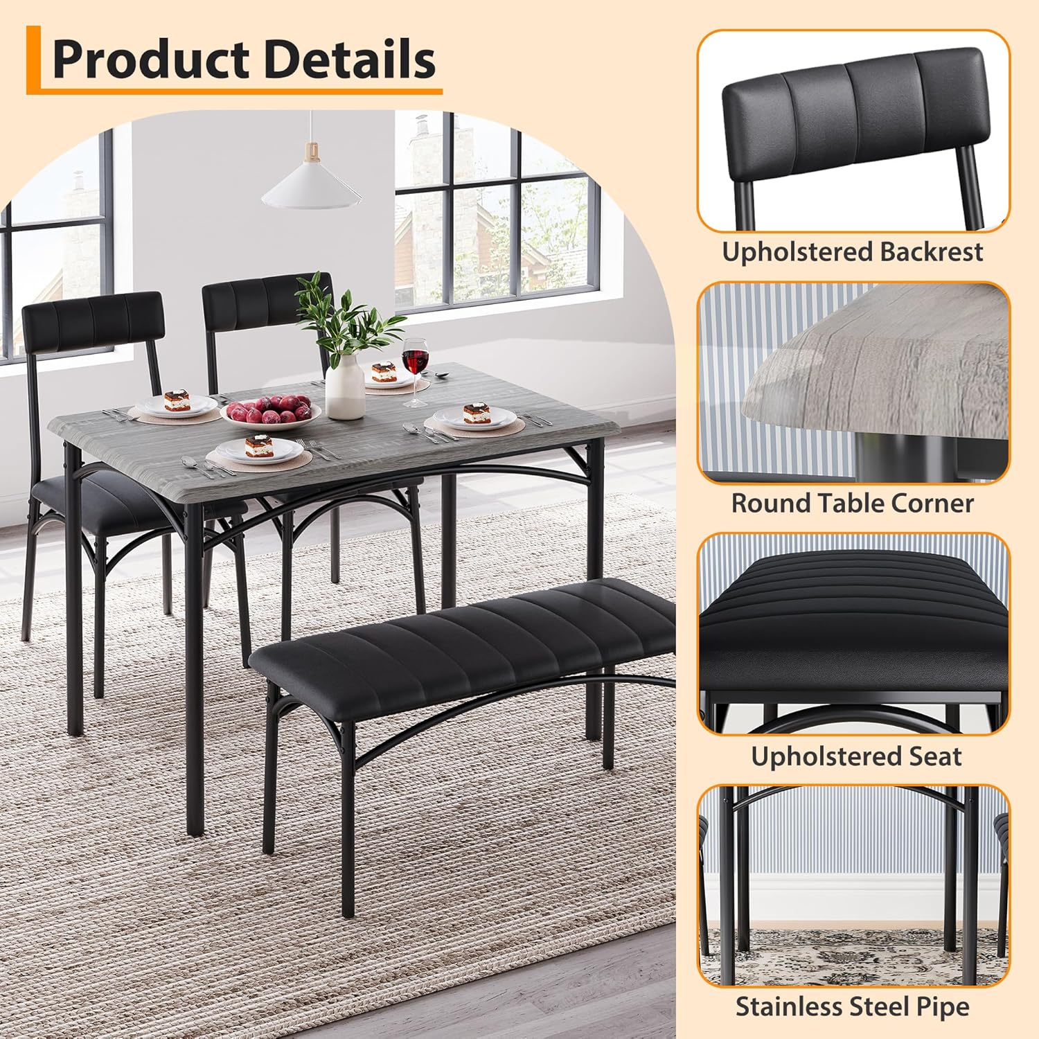 4-Piece Dining Set for 4 with Table, 2 Chairs & Upholstered Bench, Rectangular Wood Kitchen Table for Small Spaces, Apartments & Breakfast Nook