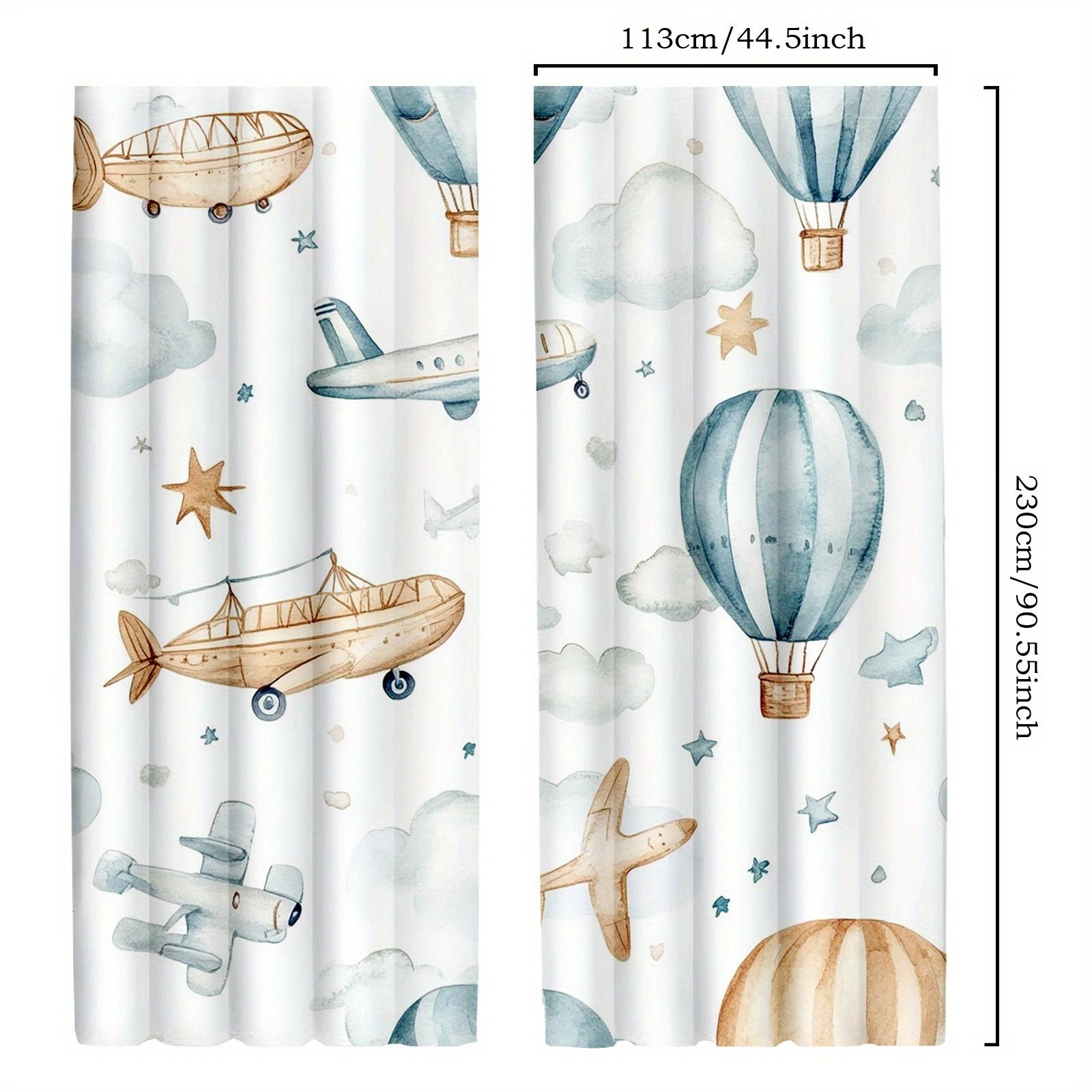 2pcs Cute Animal Curtains with Rainbow Hot Air Balloon & Airplane Design - 100% Polyester Semi-Translucent Rod Pocket Curtains for Bedroom & Living Room, Machine Washable Whimsical Decor, Living Room Curtains, Vintage Airplane Motif, Durable Fabric