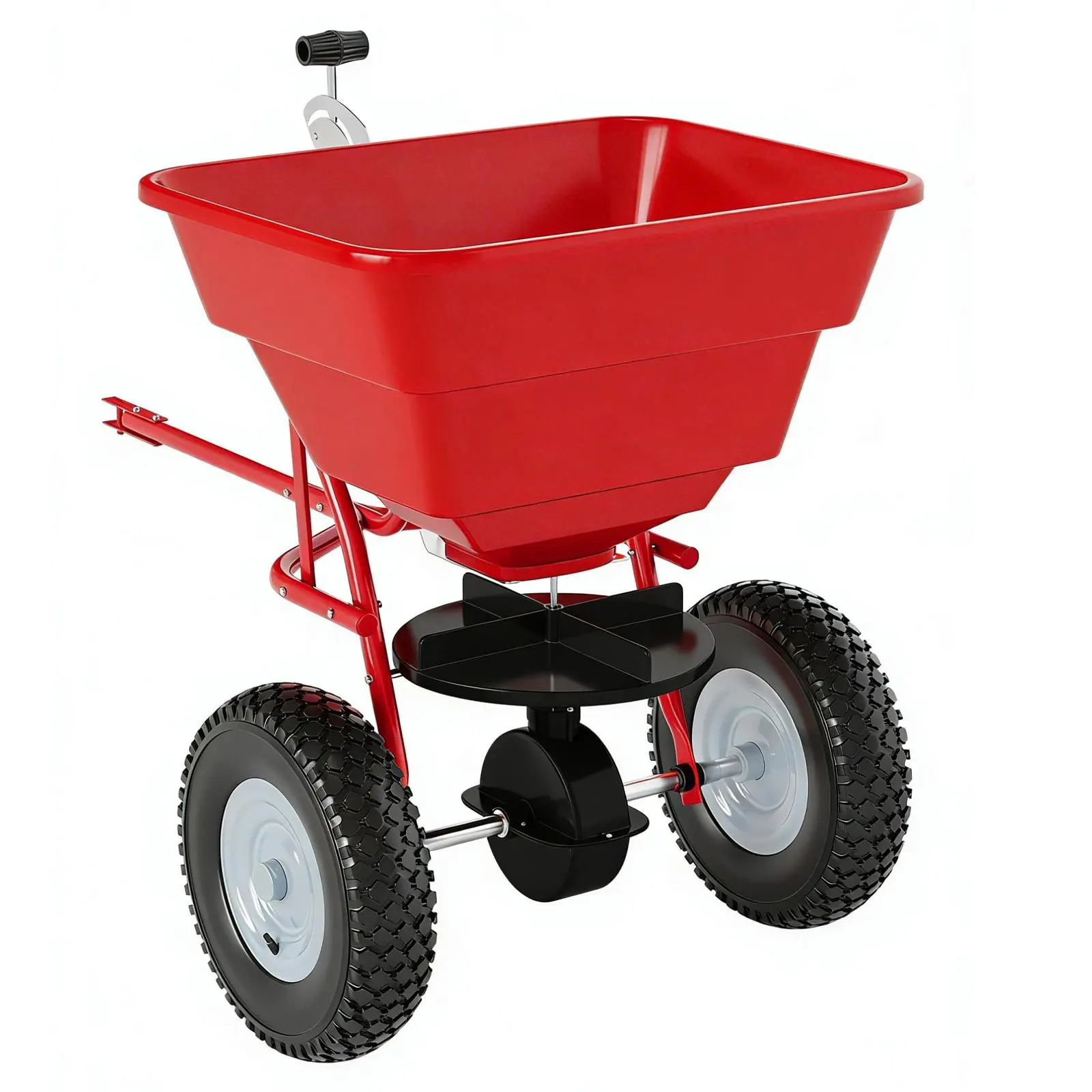 85 lb Tow-Behind Broadcast Spreader for Lawn & Garden, 10 Inch Pneumatic Tires, Adjustable Stream Control, Fertilizer Seed Salt Ice Melt, Heavy-Duty Spreader, Black Orange Red