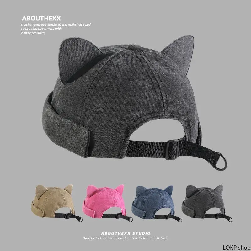 Cute Cat‑Ear No‑Brim Skull Cap, Washed Vintage Streetwear Headwear, Unisex Casual Fashion Beanie for Men and Women