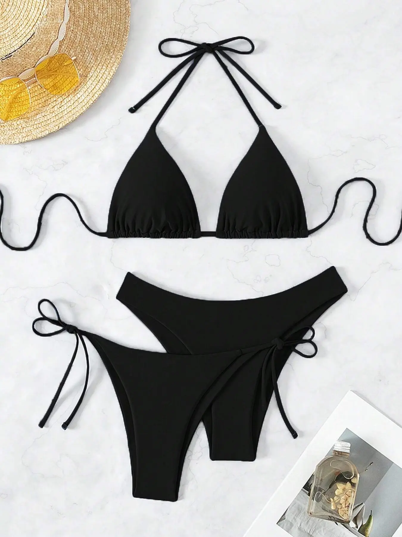 Women Solid Black Triangle Halter Bikini Set, Ruched Bust Tie Side String Swimsuit, 2 In 1 High Waist & Cheeky Bottom Bathing Suit Summer Beachwear, Halter Swimwear