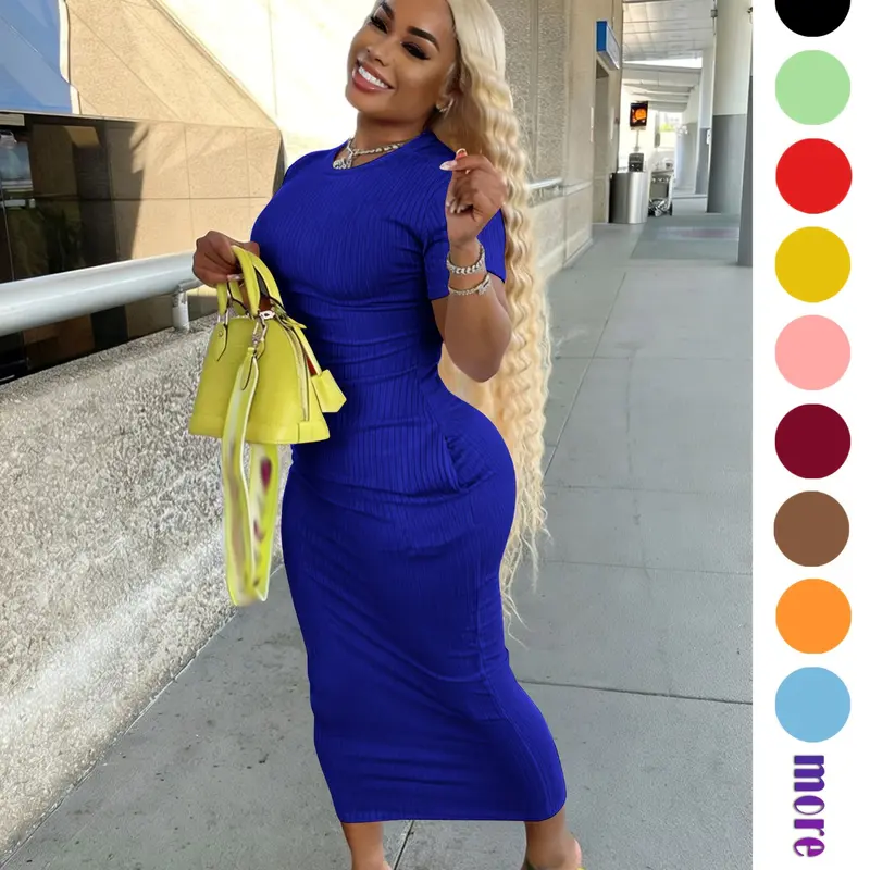 Threaded Elastic Stretchy Ribbed Solid Color Knit Ruched Bodycon Fit Dress, Breathable Elastic Party Outing Travel Beach Pocket Long Midi Dress, Summer Dress, Everyday Casual Wear, Womenswear