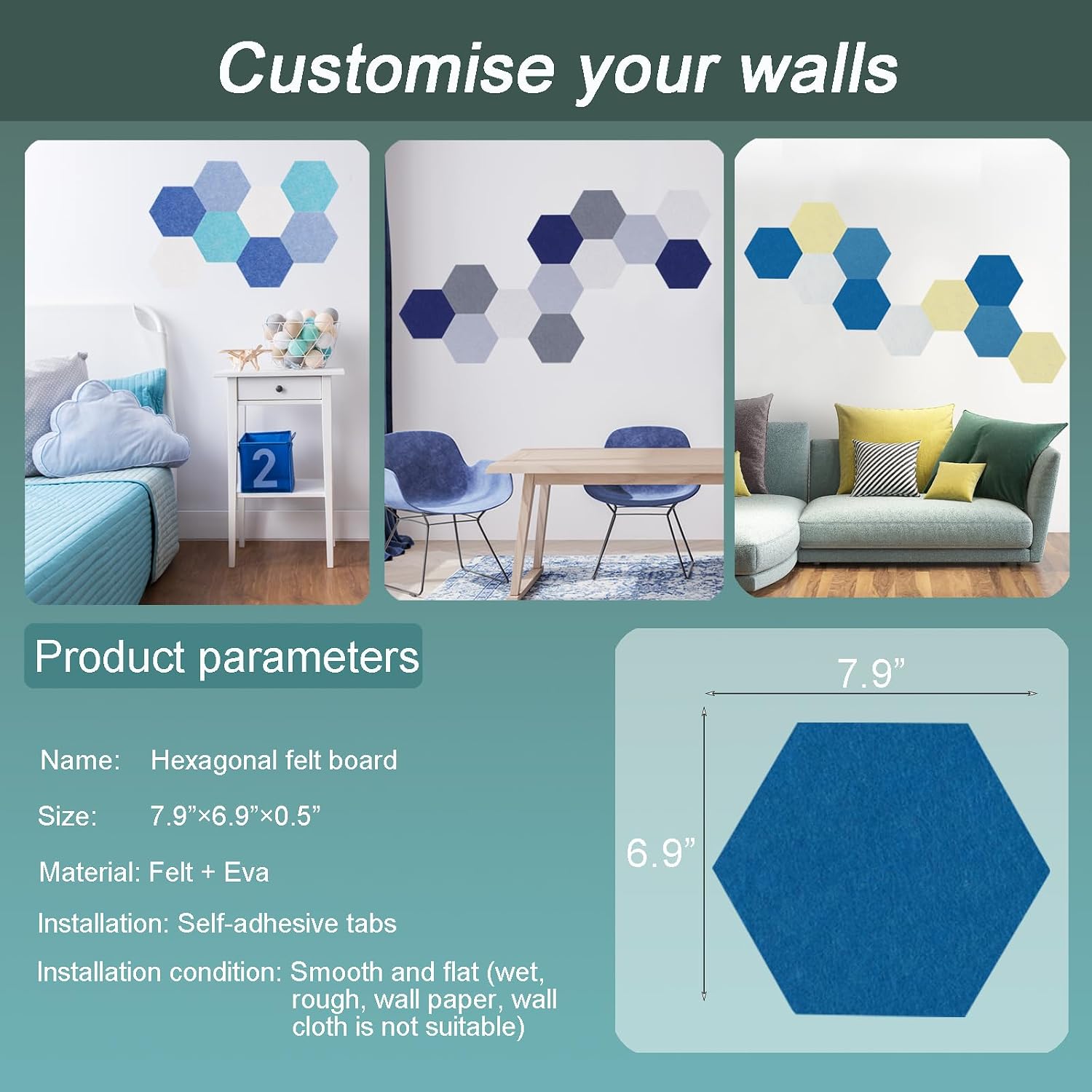Felt Bulletin Board Tiles, 8 count Hexagon Wall Tiles with Removable Adhesive, 7.9×6.9 Inch Cork Pin Board for Classroom, , Office (Set A, Middle)