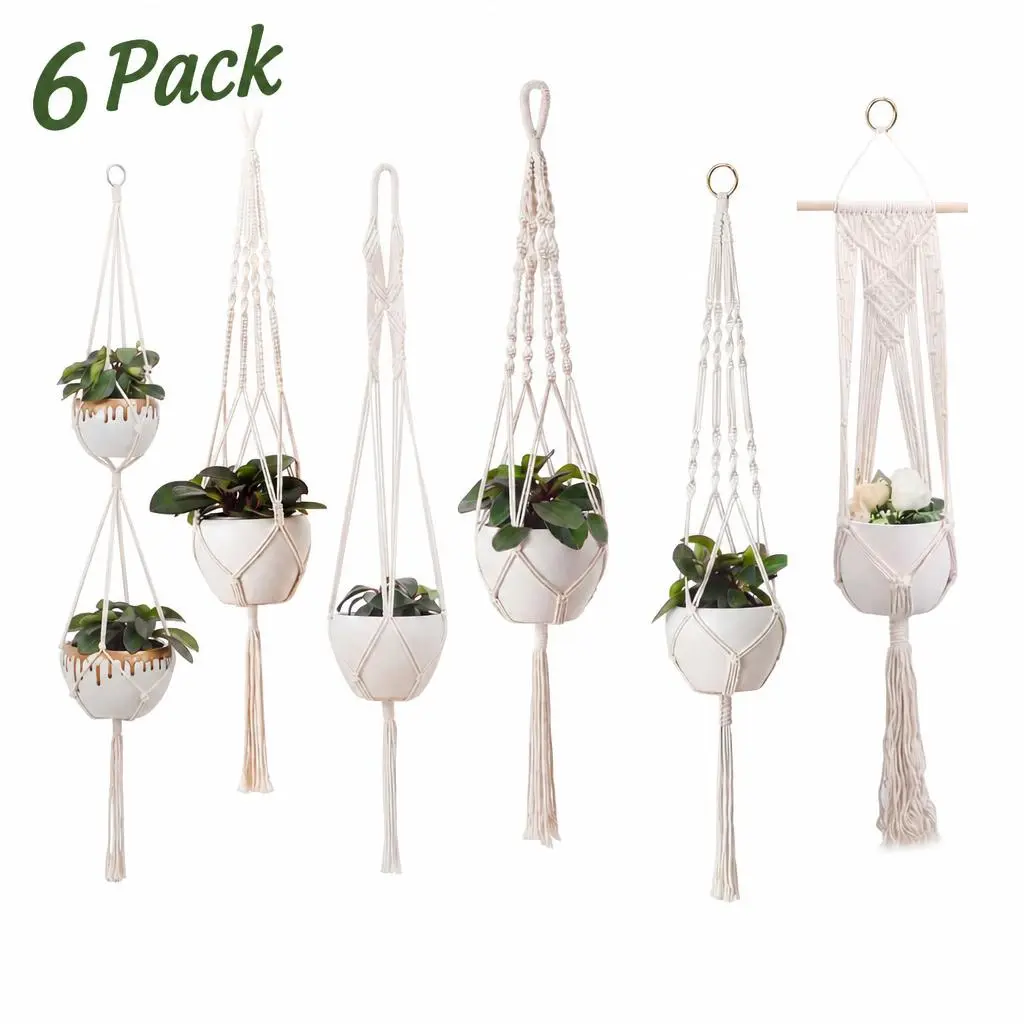 6-Pack Hand Woven Cotton Macrame Plant Hangers, Indoor Boho Macrame Home Decor, Cozy Aesthetic Handmade Hanging Plant Holder Set (32-46 in) for Home Inspo Hanging Decor