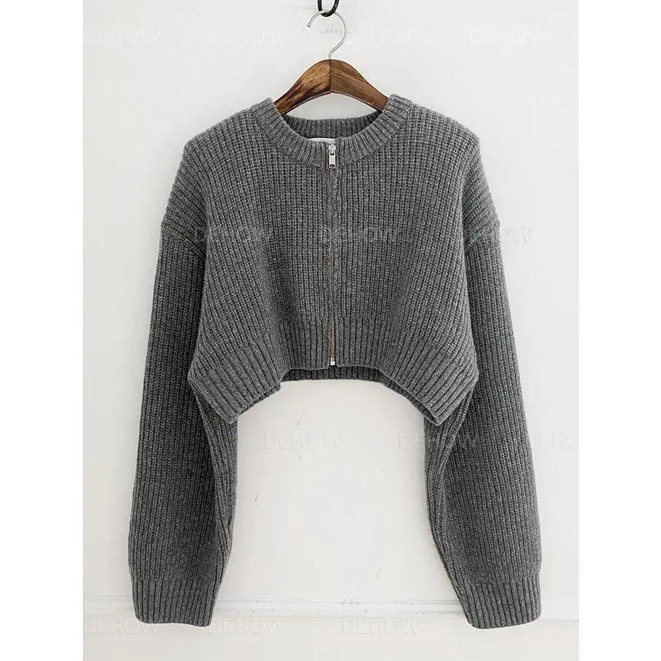 Zip Up Knit Sweater Cardigan Women Long Sleeve Boxy Fit Zipper Front Crop Sweater Jacket Teen-girl Fall Winter Acubi Y2k Outfit