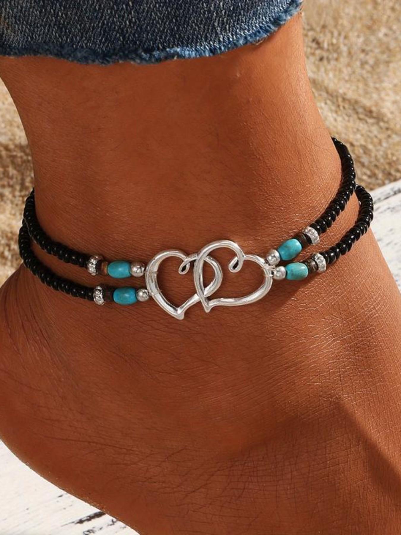 3Pcs Set Fashion Women Bohemia Beaded Heart Charms Multi-layer Anklet, Exquisite Boho Chic Double-Layer Beaded Heart Anklet, Perfect for Summer Vacation, Beach Wedding, Party Jewelry Gift