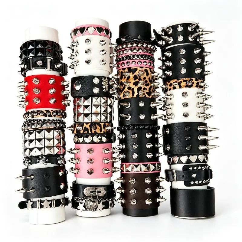 3/7/11/14Pcs Punk Mixed-Color PU Leather Studded Bracelets, Gothic Rock Pointed-End Open Cuff Bangles, Halloween Cosplay Accessory, Birthday Gift, Unisex Jewelry, Bracelets for Women, Accessories for Women