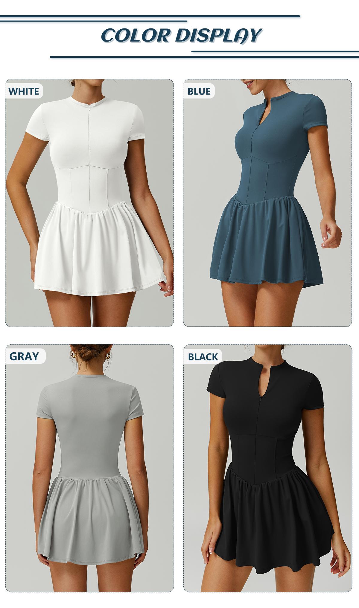 TIMEOFF Women's Short Sleeve Zip-Up Athletic Romper with Mock Neck & Flared Skirt Design for Summer Sports & Fitness Wear - Sporty Chic Dress Tennis Attire TIMEOFF Women's Short Sleeve Zip-Up Athletic Romper with Mock Neck & Flared Skirt Design for Summer Sports & Fitness Wear - Sporty Chic Dress Tennis Attire