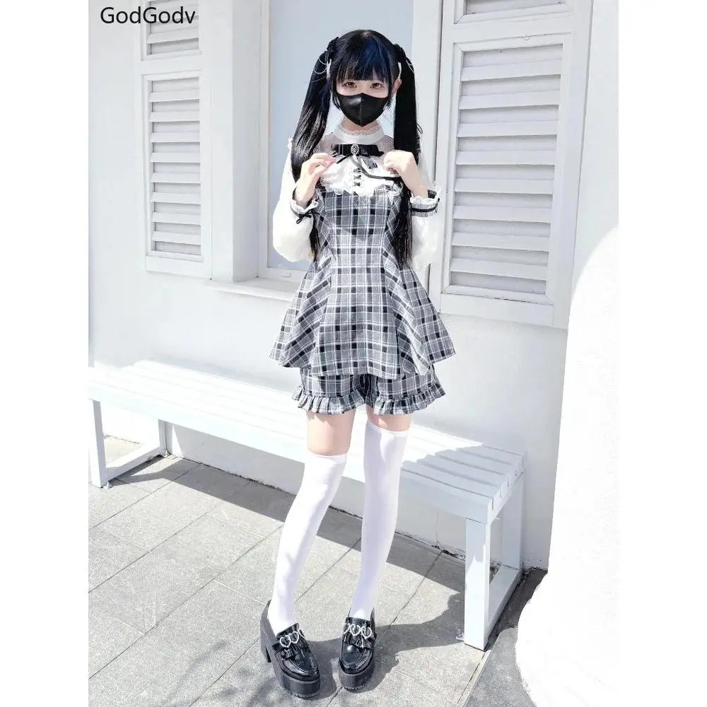 Japanese Preppy Style Sweet Kawaii Elegant Sets Woman Y2k Lolita Plaid Lace Vintage 2 Piece Sets Female Bow Design Chic Outfits