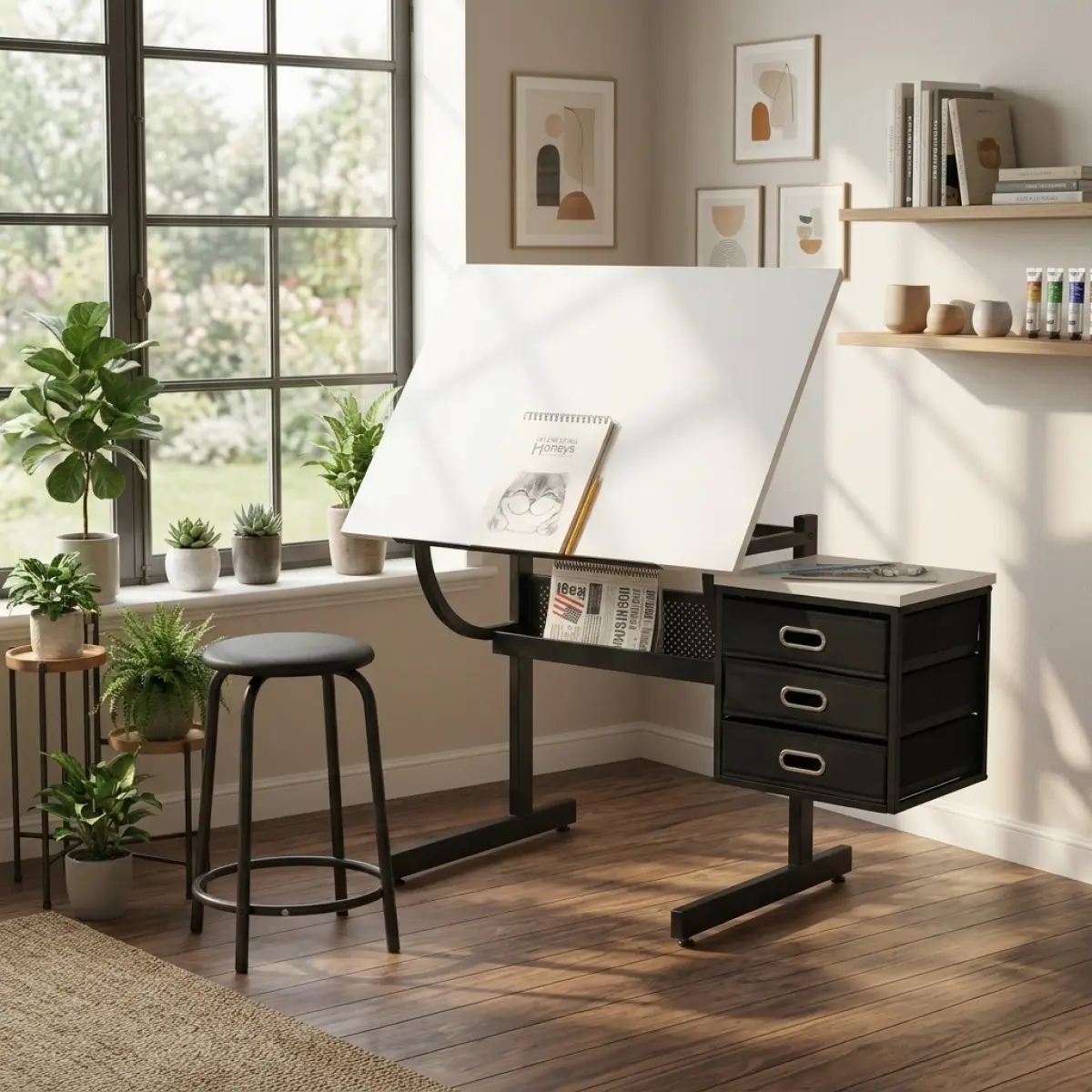 Bellemave MDF & Metal Adjustable Tabletop Drafting Drawing Desk with Stool, 3 Storage Drawers, 0-75° Tilt for Crafting, Reading (Commercial & Office Furniture)