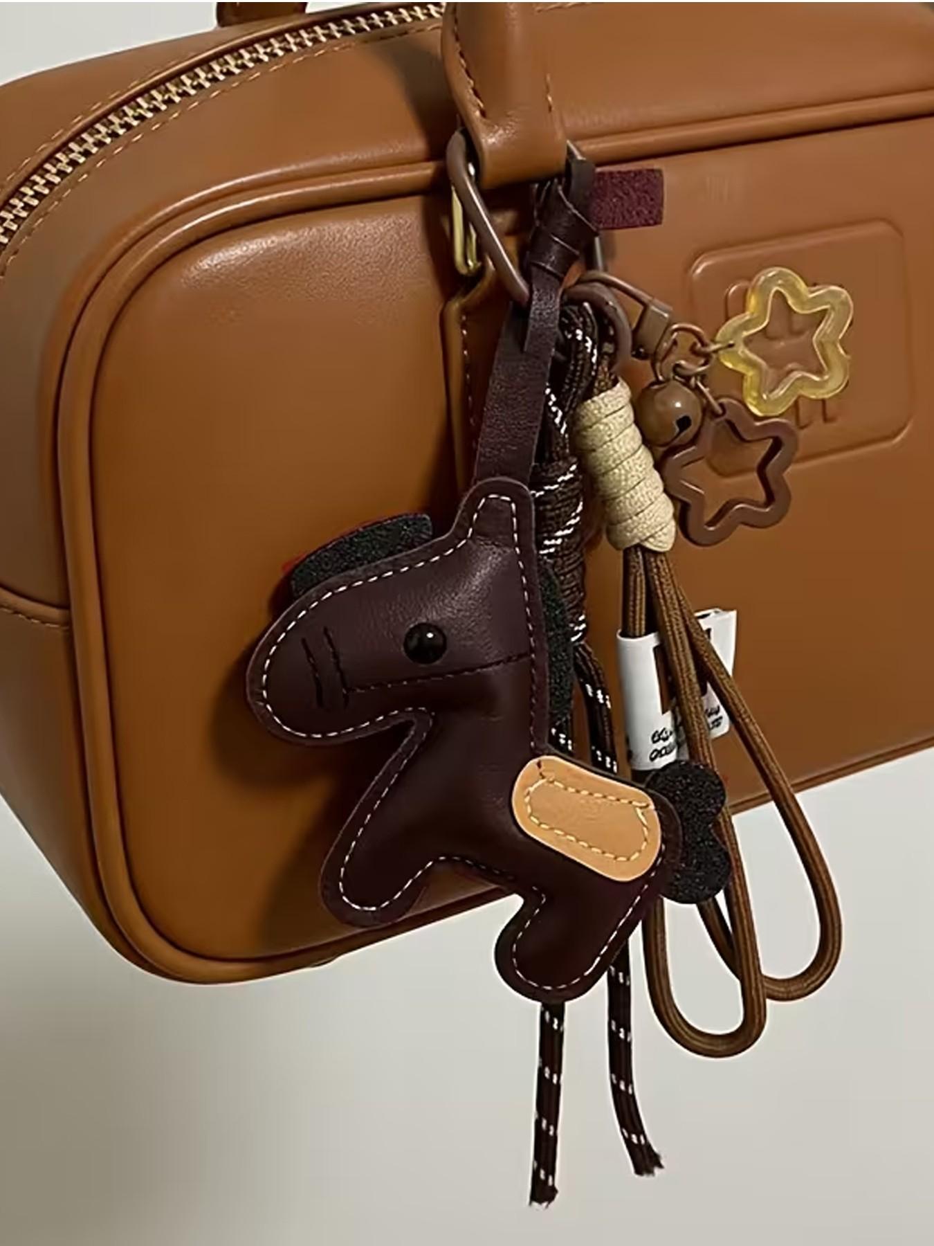 Retro Brown PU Pony Keychain. Ins-Style Color-Block Stitching, Star Bell Charm, Lanyard Design | Key/Bag Accessory, A Cute Niche Accessory Suitable For Commuting/Daily Outfits