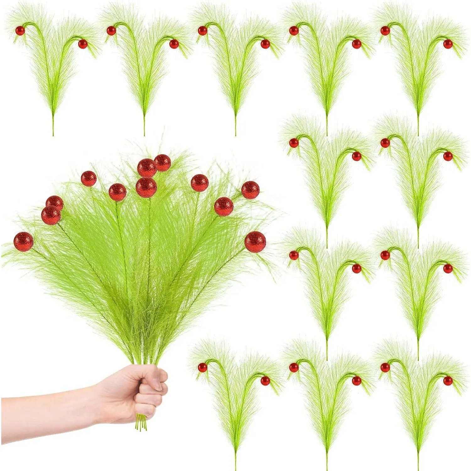 12 count Lime Green Picks Whimsical Christmas Tree Toppers 17'' Double  Artificial Curly Green Pampas Grass Stems with Red Ball Xmas Ornaments for Christmas Tree Decor Vase Fillers Wreath Crafts