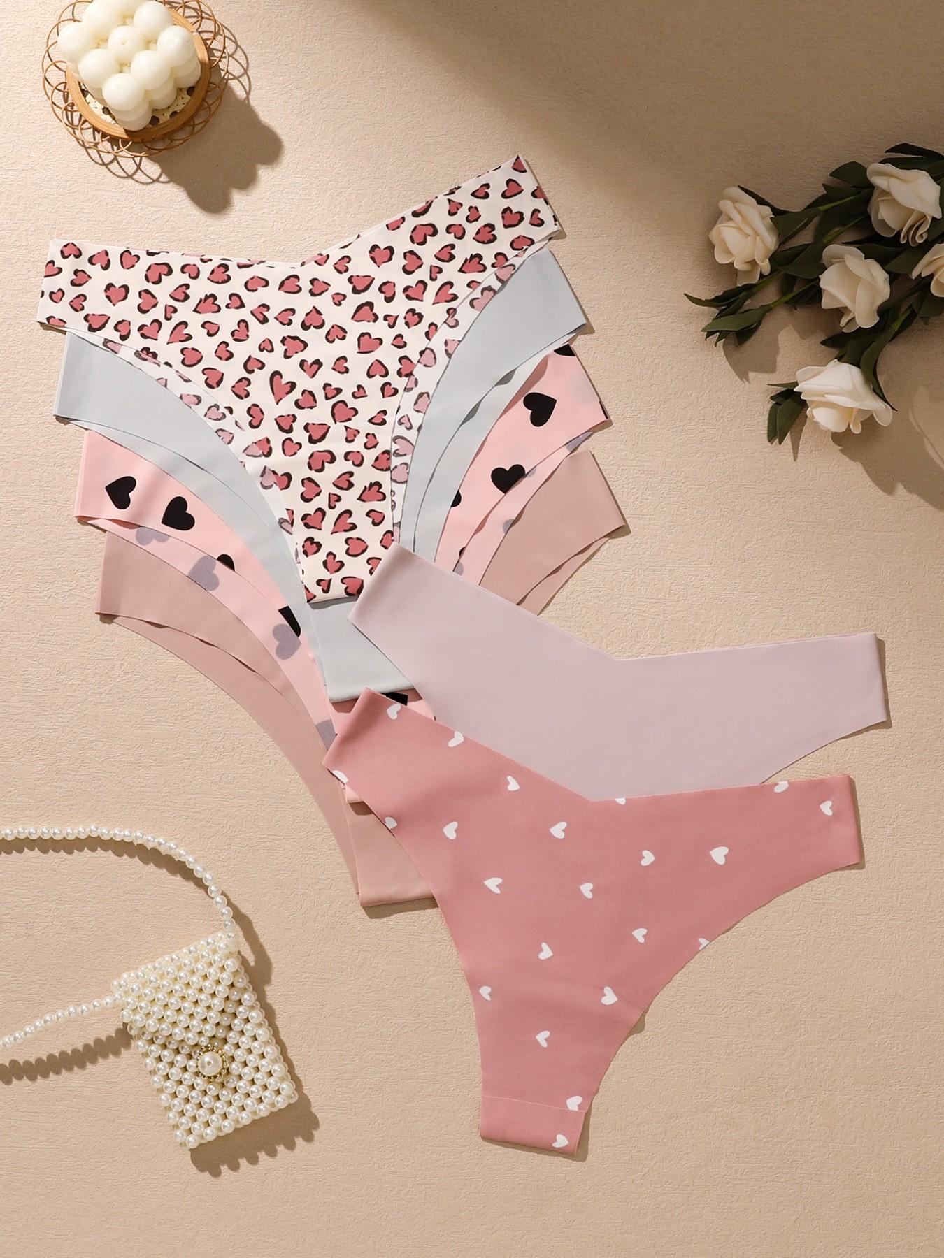 Valentine's Day Gift Set, 6-Pack Women's Seamless Panties, Heart & Leopard Print, Multi-Color Triangle Thongs, Comfortable Underwear