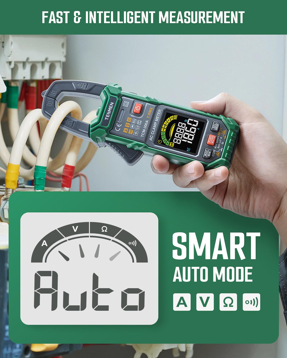 TESMEN TCM-300 Smart Clamp Meter Multimeter, 6000 Counts, Smart Measurement, Auto-Ranging with AC/DC Voltmeter, Non-Contact Voltage Detection, Measures AC/DC Volatge, Current, Resistance, Capacitance, Diode, Temperature, Continuity, Hz%