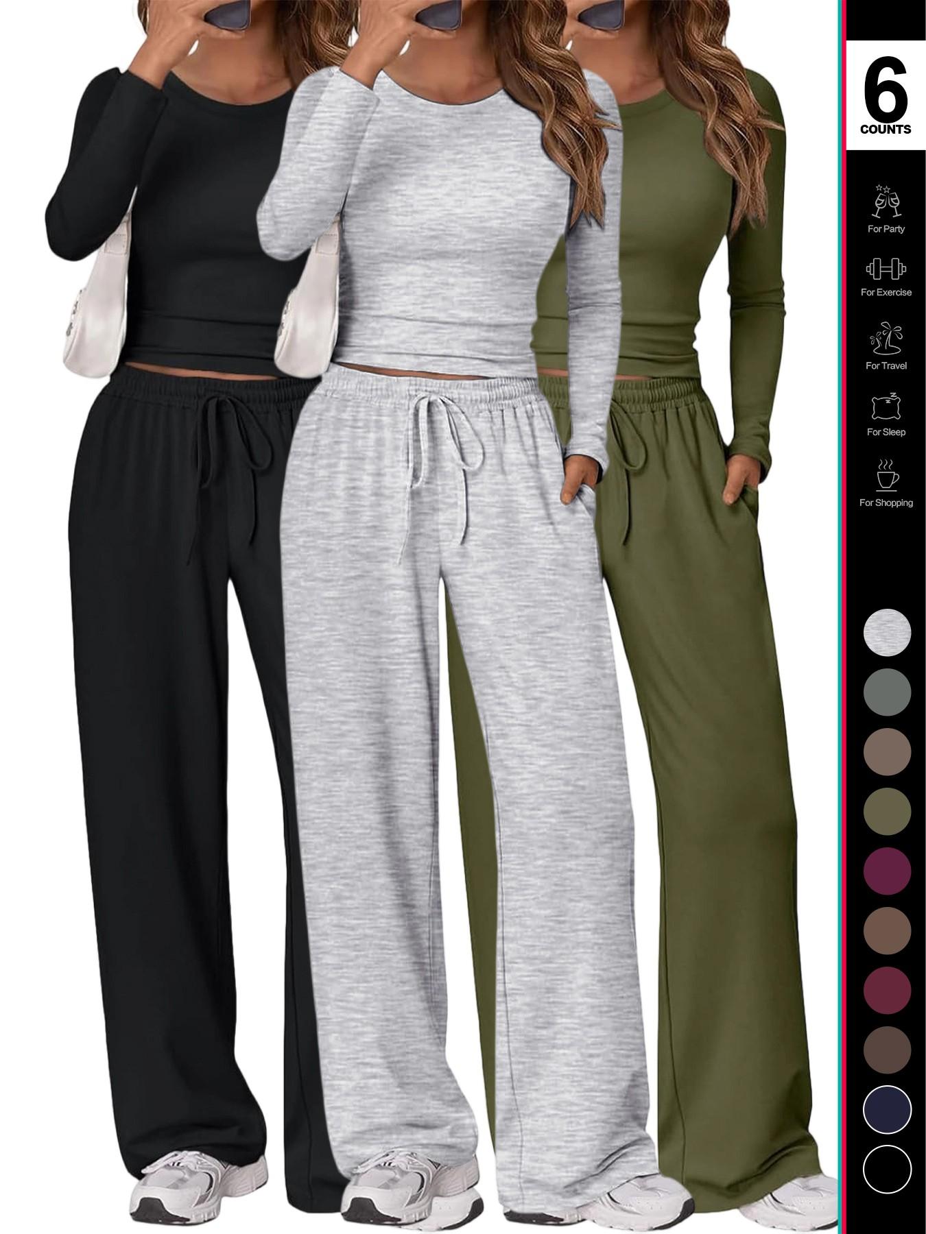 Women's 2 Piece Matching Lounge Set Long Sleeve Slightly Crop Top Wide Leg Pants Casual Sweatsuit 2026 Drawstring