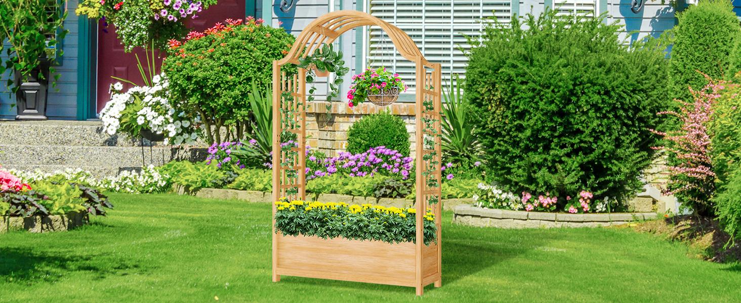 Lilypelle 63" Raised Garden Bed, Wooden Planter Box w/Hanging Roof & Drainage Holes, Indoor Outdoor Elevated Planter for Vine, Climbing Plants, Flower Lilypelle 63" Raised Garden Bed, Wooden Planter Box w/Hanging Roof & Drainage Holes, Indoor Outdoor Elevated Planter for Vine, Climbing Plants, Flower