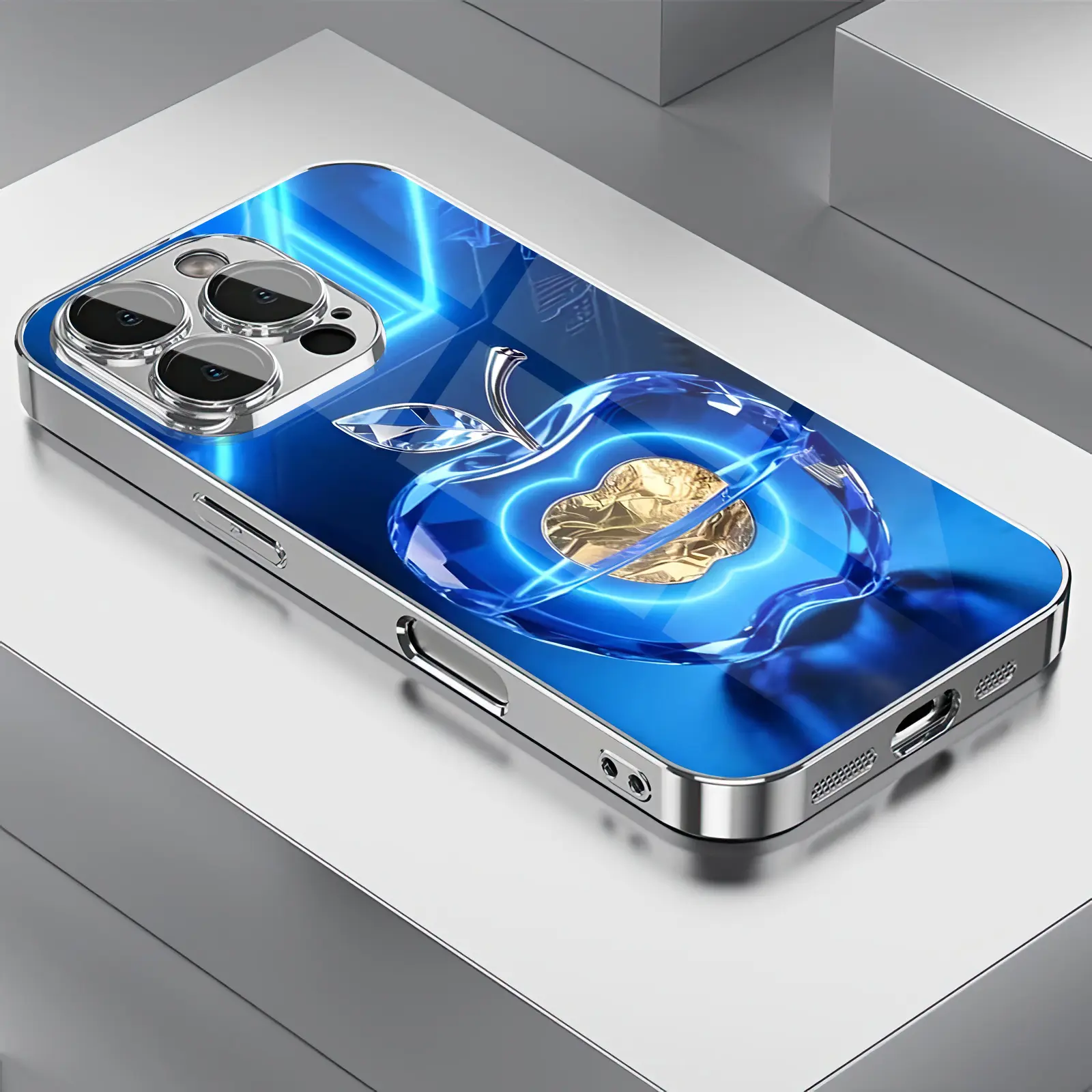Blue Neon Crystal Glass Apple Gold Foil Printed Pattern Phone Case,High Definition Glass Design Phone Protection Case, Suitable for iPhone 18 Pro Max 17 16 15 14 13 12 11 Samsung Galaxy S26 S25 S24 S23 S22 S21 S20 A Series  Phone Case-ZQ336