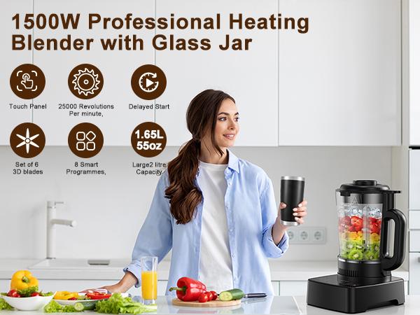 PRASKY Professional Heating 60oz-Glass Blender & Soy Milk Maker,24H Delay Cook, 600ml Stainless Steel Thermos/10-in-1 Multi-Function Smart Blender for Soups,Shakes and Smoothies & Juice, Soup Maker with Stew Pot, Kitchen Appliances SMARTLIVING