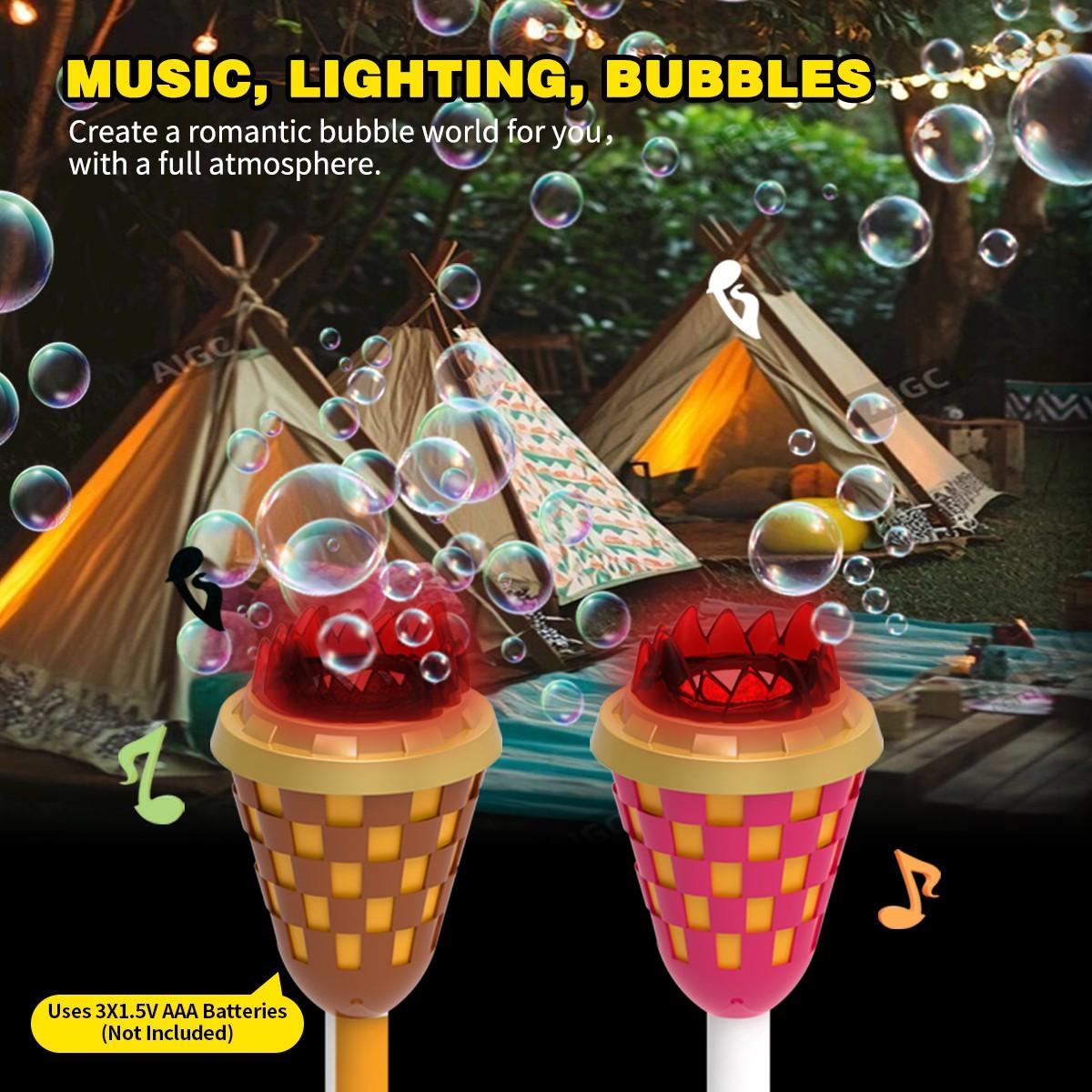 Simulated Torch Bubble Machine with 1 Bottle 100ML Bubble Liquid, Adjustable Height, Light Sound Effect, Handheld Standing Dual Use