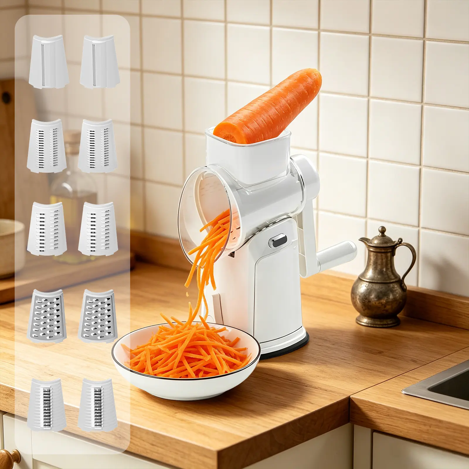 5-In-1 Multi-Function Stainless Steel Manual Hand Rotary Grater with Suction Base, Detachable Interchangeable Parts for Kitchen Vegetable Slicing, Shredding & Meal Prep, Detachable Parts