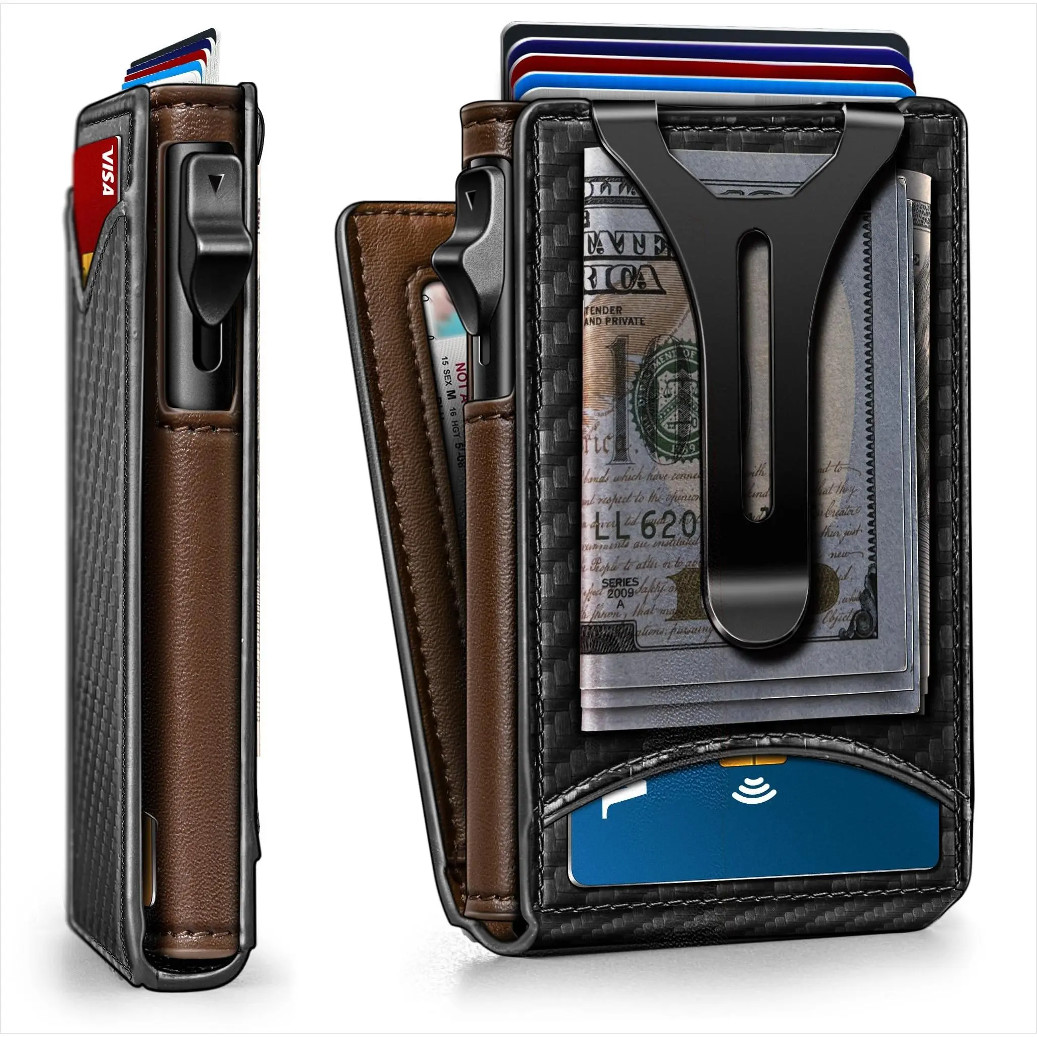 Men Wallet, Magnetic Metal Wallet Money Clip 9Cards Pop-up Access RFID Blocking, Slim Compact Wallet with ID Window, RFID Blocking Smart Pop Up Card Wallet, Metal Aluminum Credit Card Holder Bifold Wallet ,Fathers Day Gift