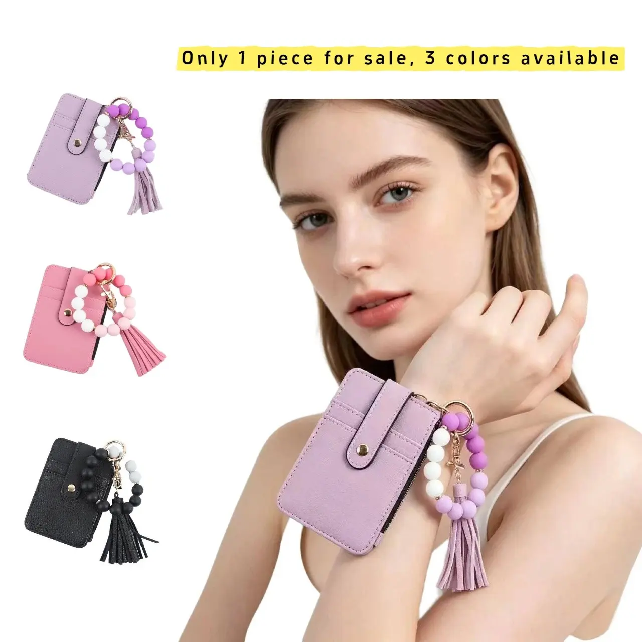 Wristlet Keychain Card Holder Wallet, PU Leather Multi-Slots Card Purse, Silicone Bead Tassel, Portable Zipper Coin Pouch, Women Girls