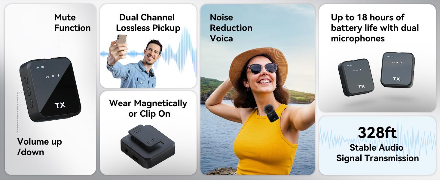2-Pack Wireless Lavalier Microphone,for iPhone/Android/Camera, 328ft Transmission, 18H Battery Life, Mini Microphone for Record Interview, Vlogs, YouTube