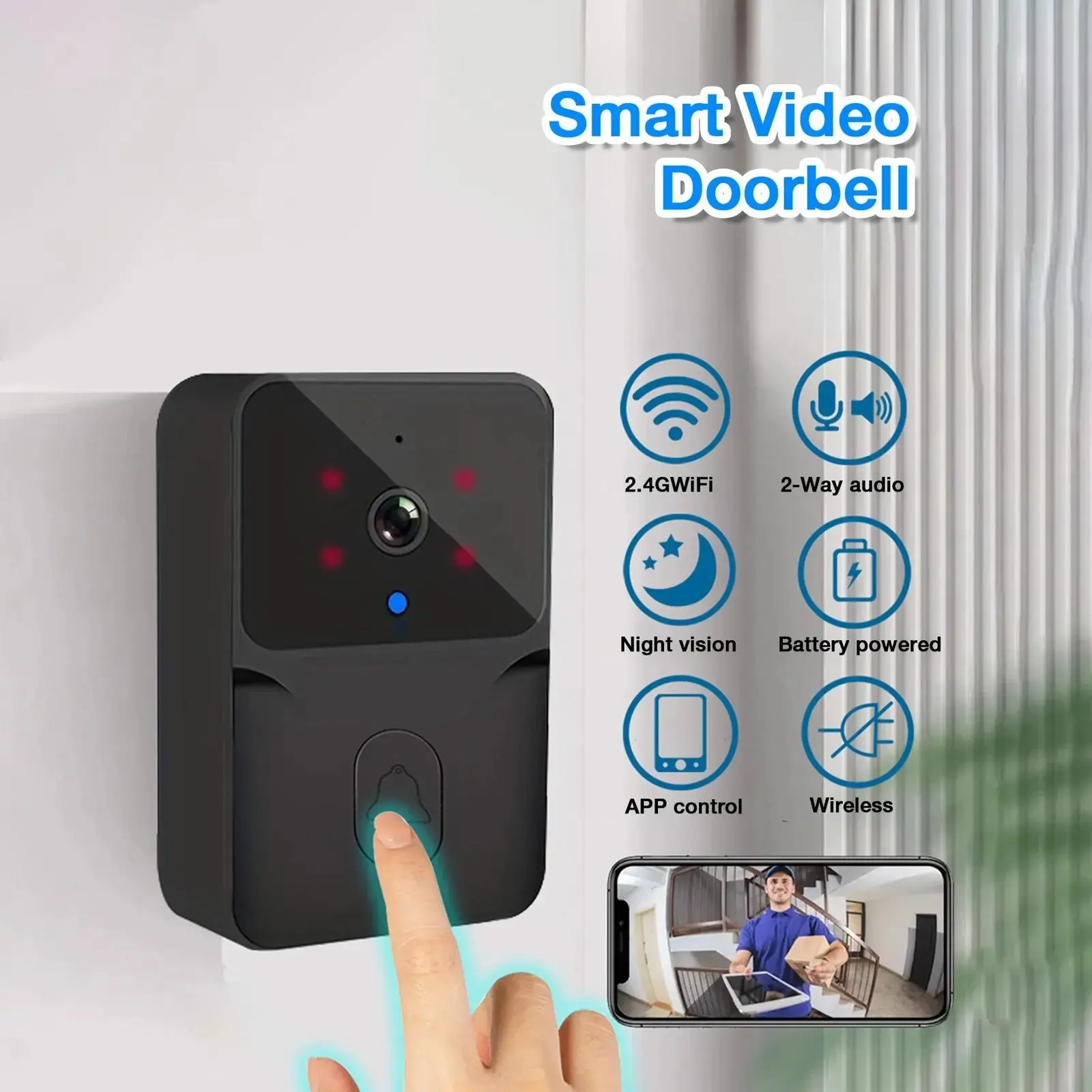 Wireless Video Doorbell Camera, 2.4g WiFi Night Vision Doorbell Camera, Rechargeable Mini Camera, Home Security Device