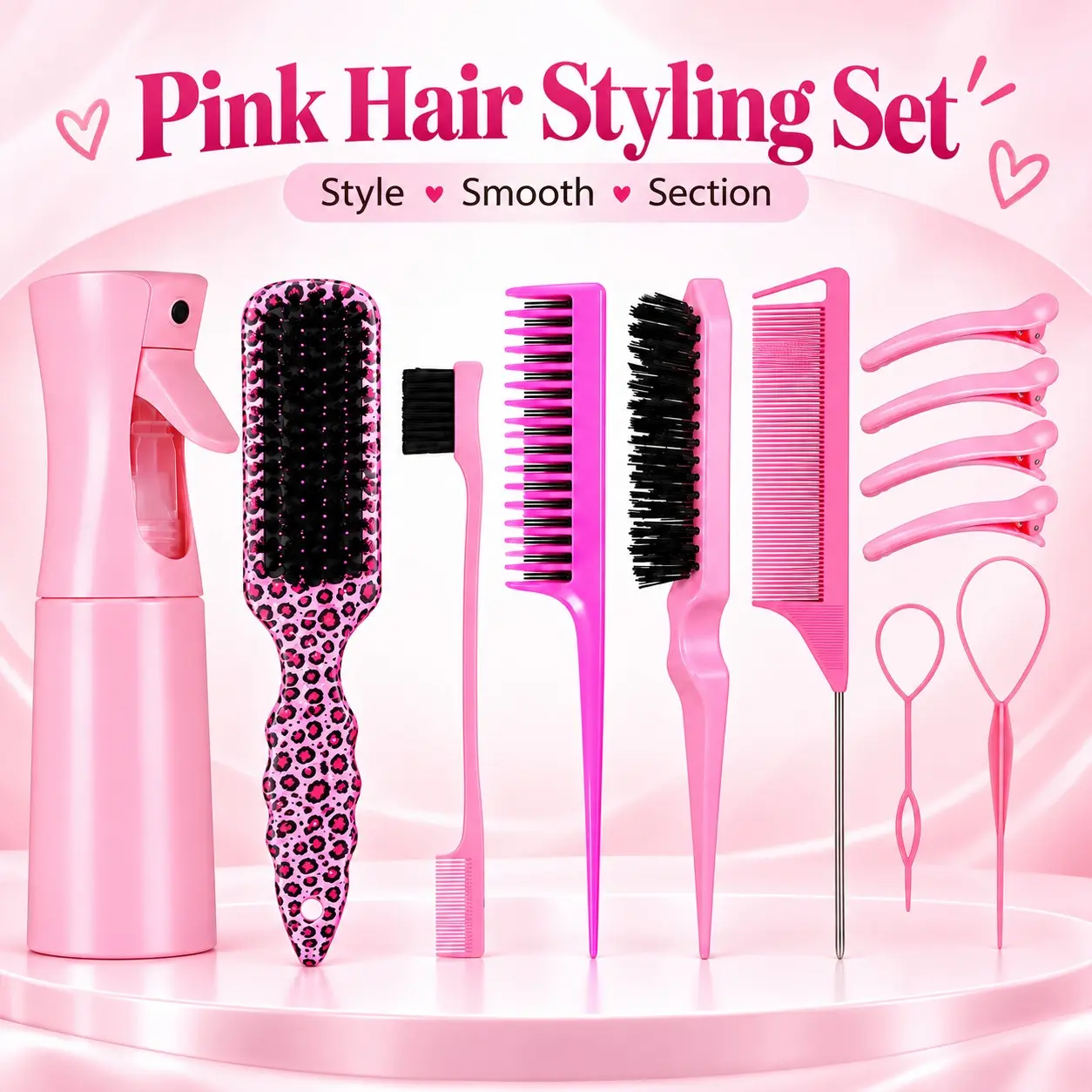women's Hair tools for styling, including a spray bottle, detangling comb, rat-tail comb, styling comb, hair clips, and a hair loop tool, suitable for creating slicked-back styles, smoothing frizz, sectioning, parting, and everyday stylin
