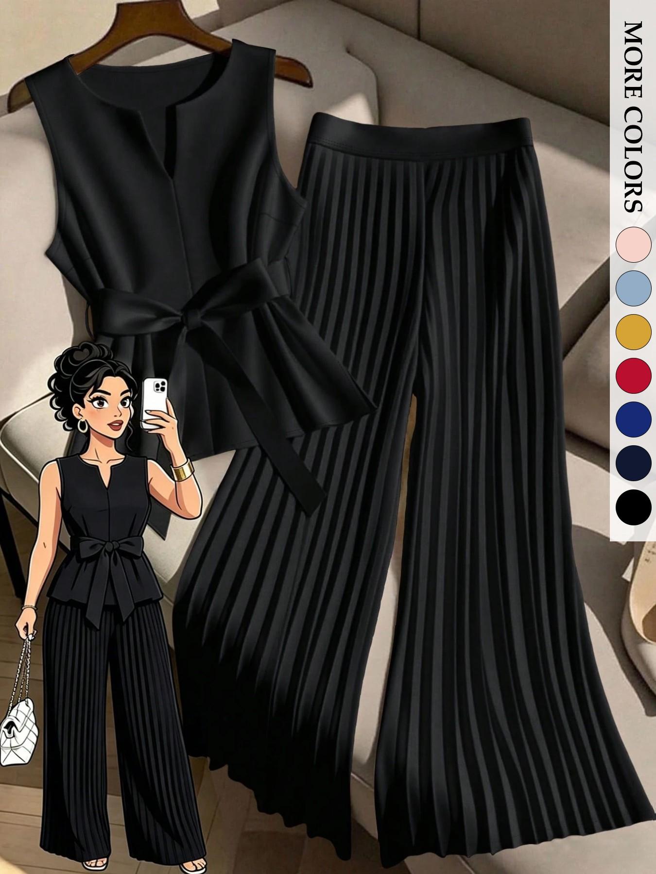 Women's Plus Size Trendy Chic 2 Piece Outfit, Clothes, Sleeveless Top & Pleated Wide Leg Pants Set, Tie Waist V-Neck Plisse Flowy Elegant Office Workwear