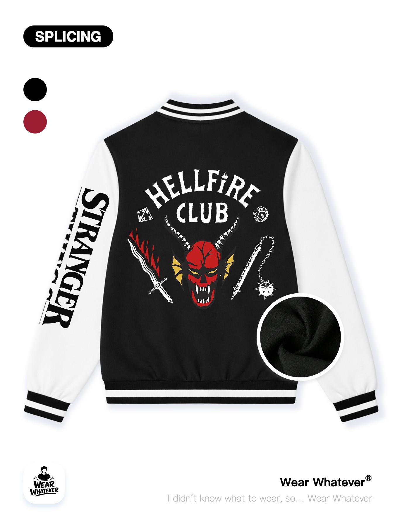 Stranger Things Hellfire Club Graphic Print Baseball Jacket, Casual Fitted Warm Breathable Top, Suitable for Outdoor and Home Wear