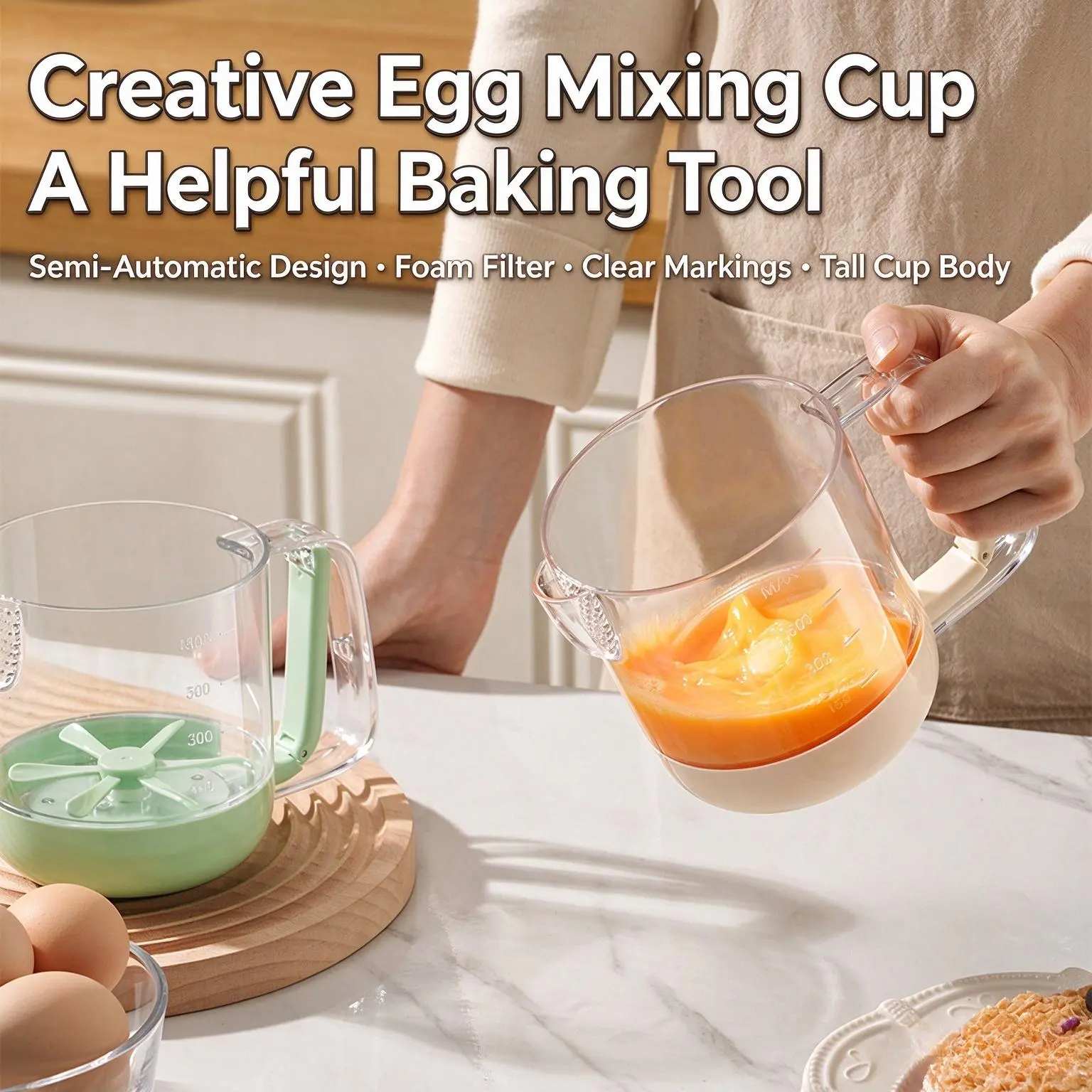 1pcs All-in-One Egg Stirring Cup, Hand Press Egg Whisk with Foam Filter, Transparent Measuring Jug for Home Baking