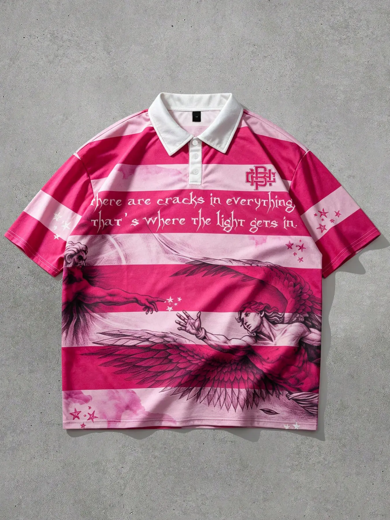 Summer Breathable Men's Color-Blocked Pink Striped Polo Short-Sleeve Shirt, European Mythological Angel Touching Starlight All-Over Print Men's Polo Shirt, White with Pink Gradient Stripes, Loose Fit, Drop Shoulder, Trendy Unisex Versatile Top