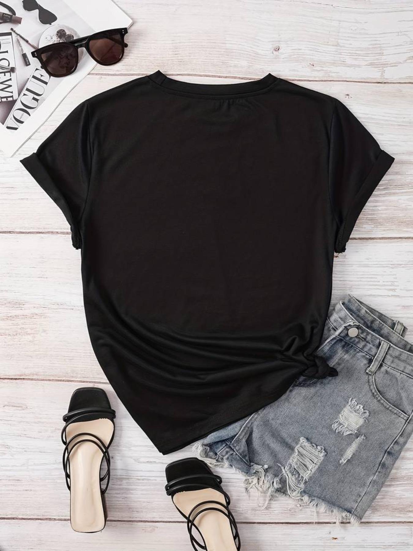 [Plus Size] Letter Print Round Neck Tee, Vintage Casual Short Sleeve Fitted T-shirt for Daily Wear, Women Plus Clothing for All Seasons, Womenswear