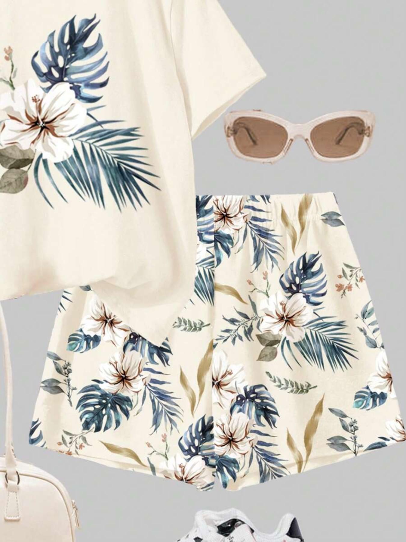 Girls Vibrant Floral Print T-Shirt and Shorts Set, Summer Outdoor Campus, Fashionable Trendy Casual Wear, Loose-Fitting Suit, Tropical Print Set, Summer Clothes Set